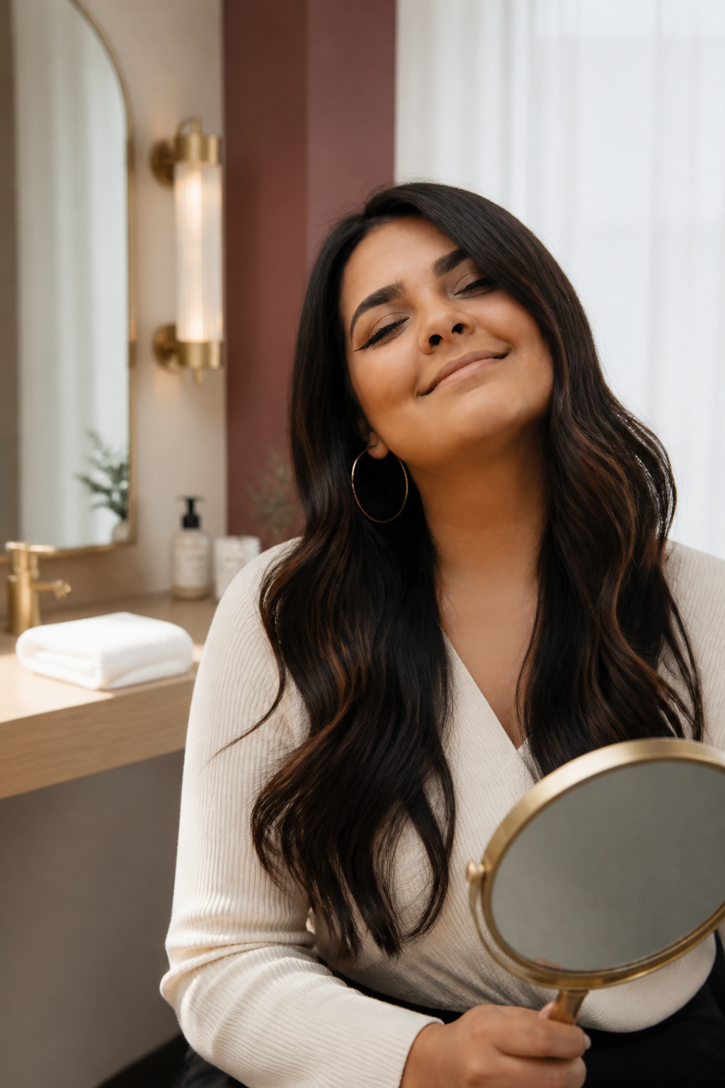 espresso brunette for plus size women: deep espresso balayage in an original editorial composition