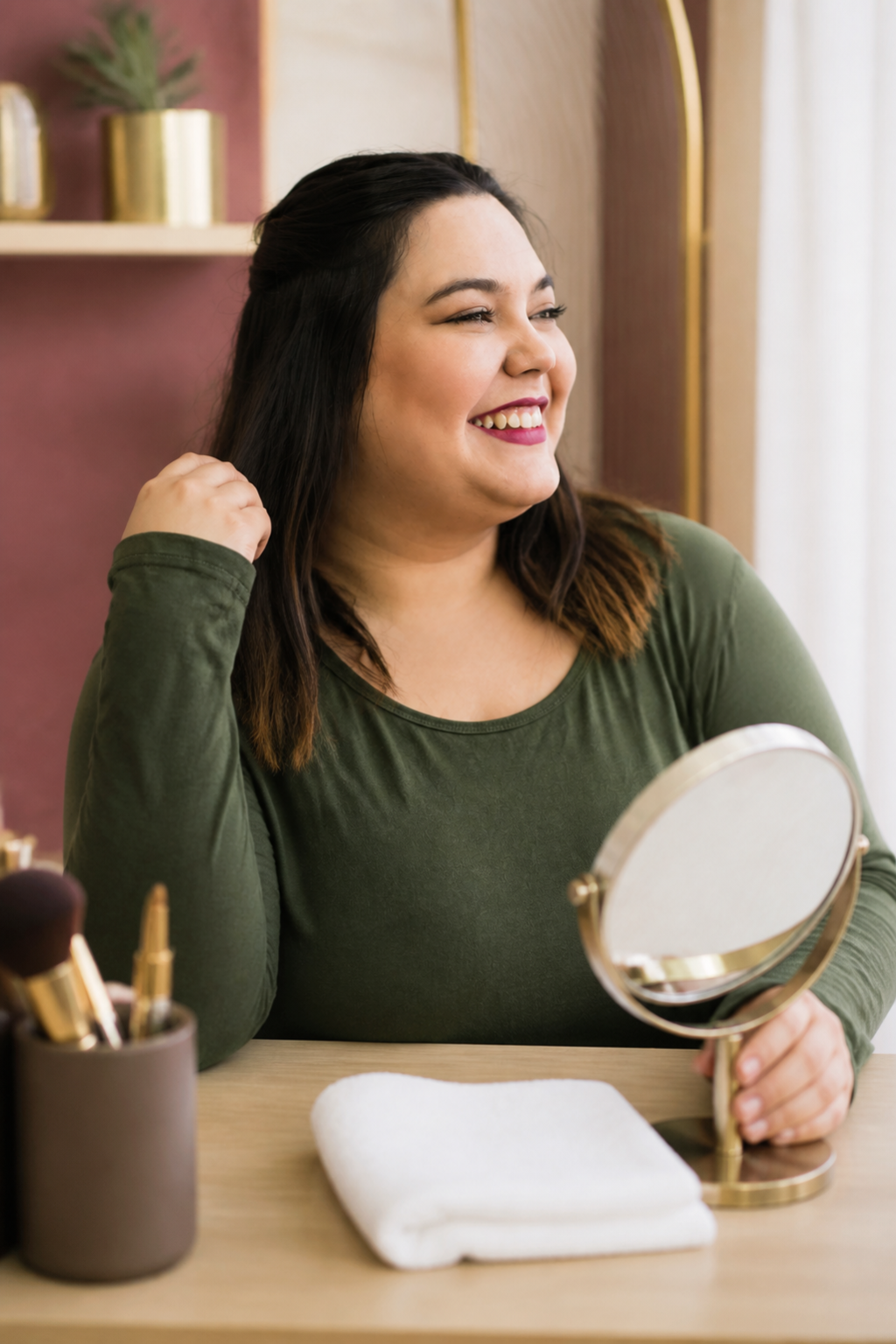 espresso brunette for plus size women: glossy near-black espresso in an original editorial composition