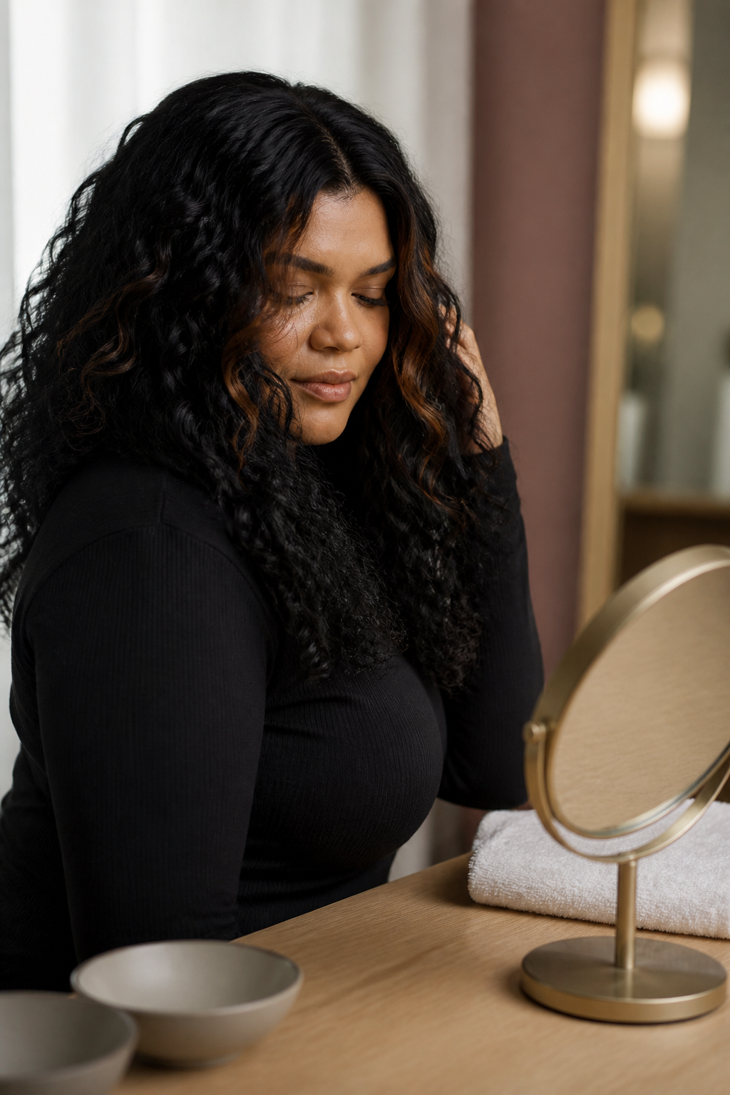 espresso brunette for plus size women: soft espresso money piece in an original editorial composition