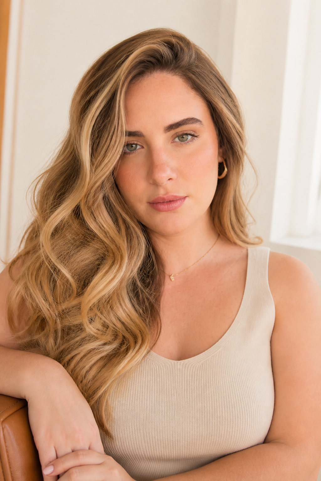 fall hair colors for fair skin and blue eyes: buttery blonde with copper glaze in an original editorial composition