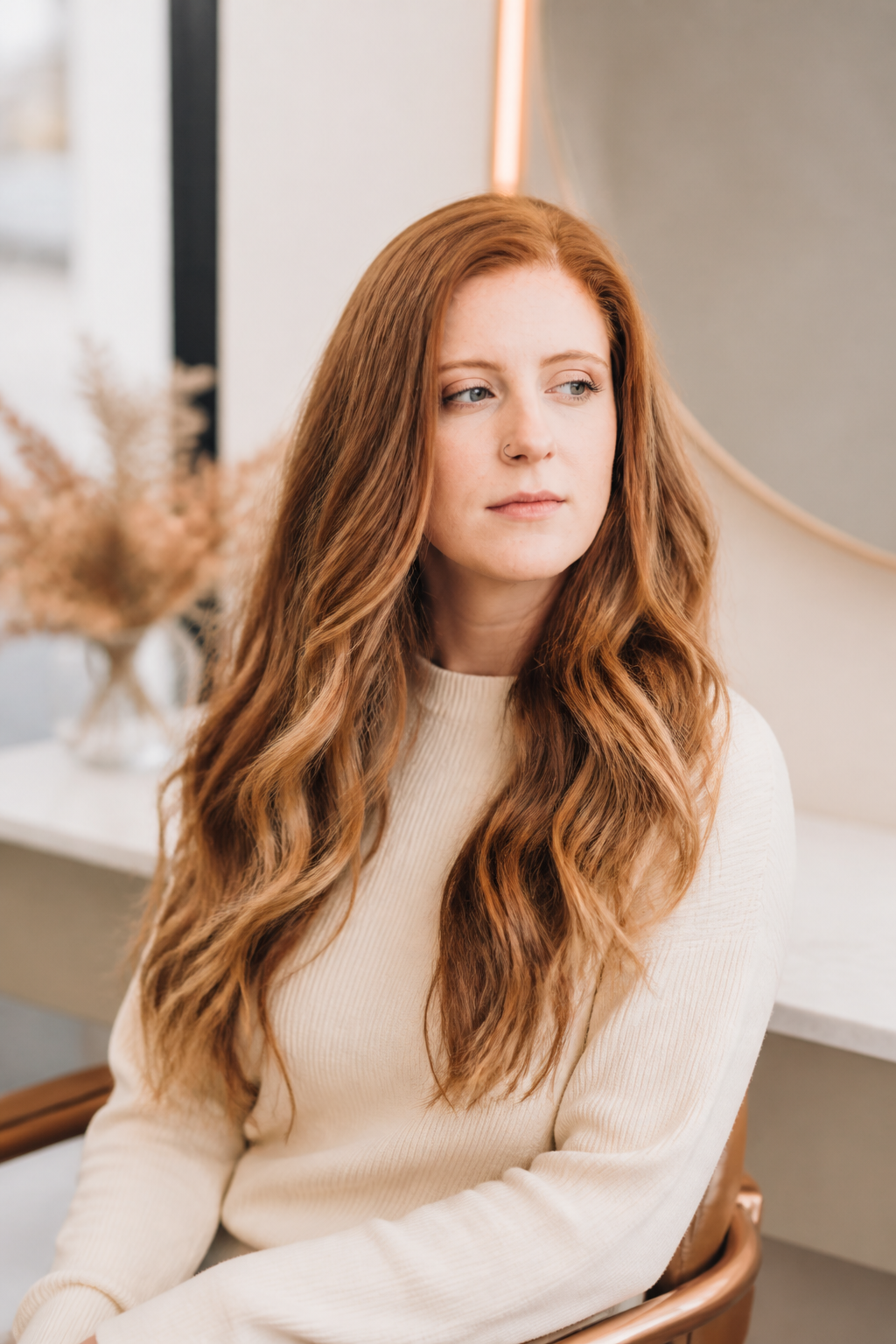 fall hair colors for fair skin and blue eyes: milk chocolate balayage in an original editorial composition