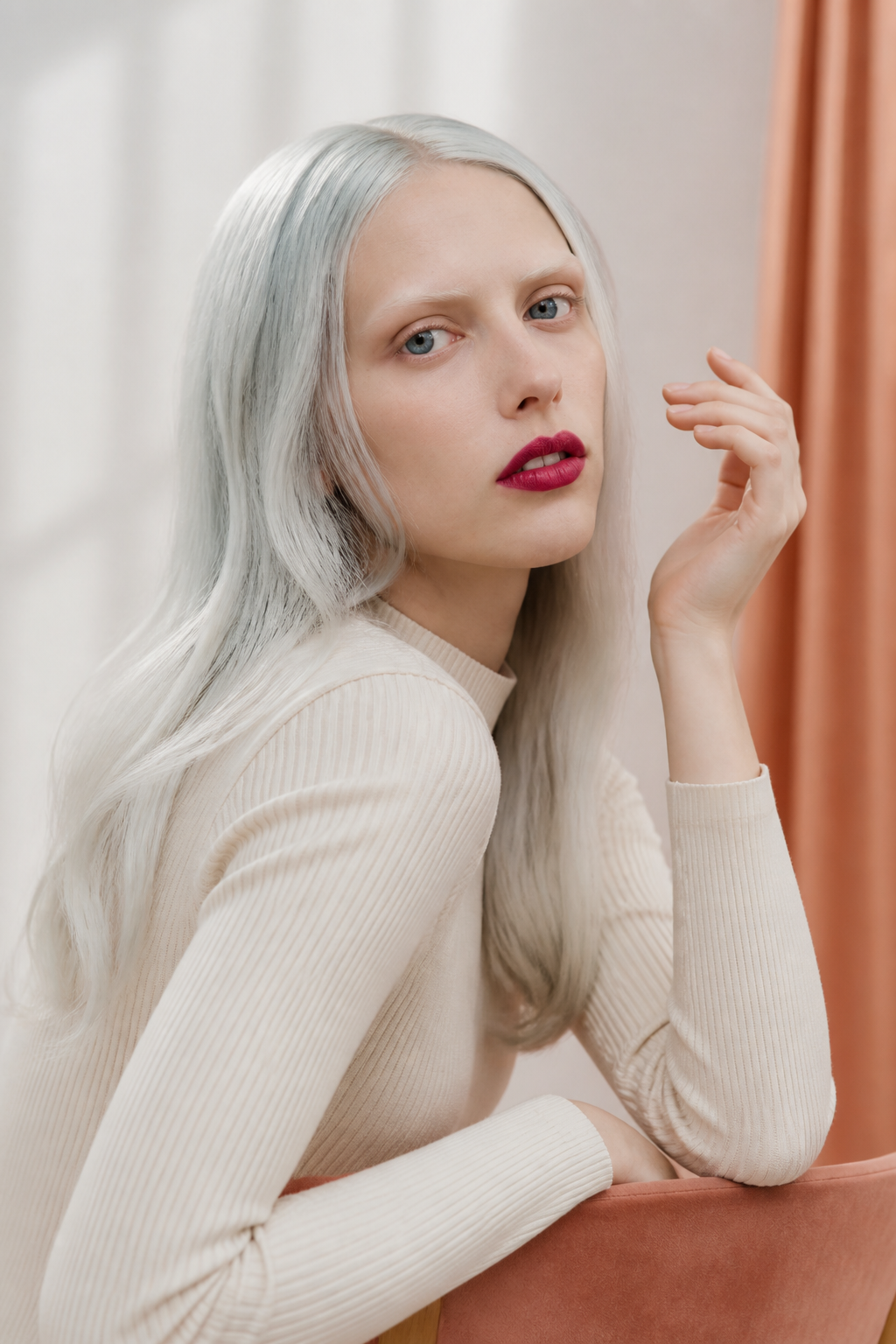 fall hair colors for fair skin and blue eyes: ethereal platinum blonde in an original editorial composition