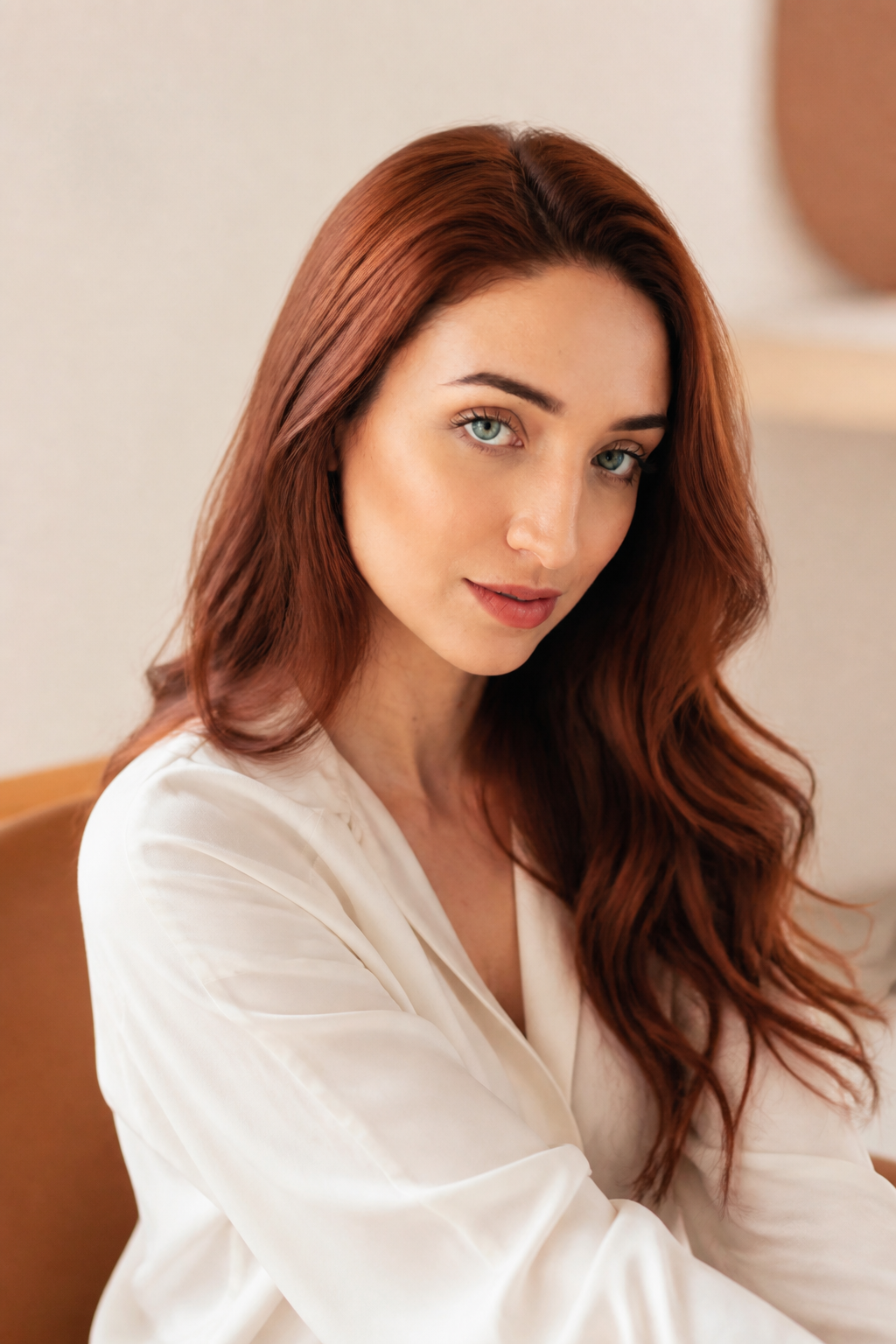 fall hair colors for fair skin and blue eyes: mahogany copper red in an original editorial composition