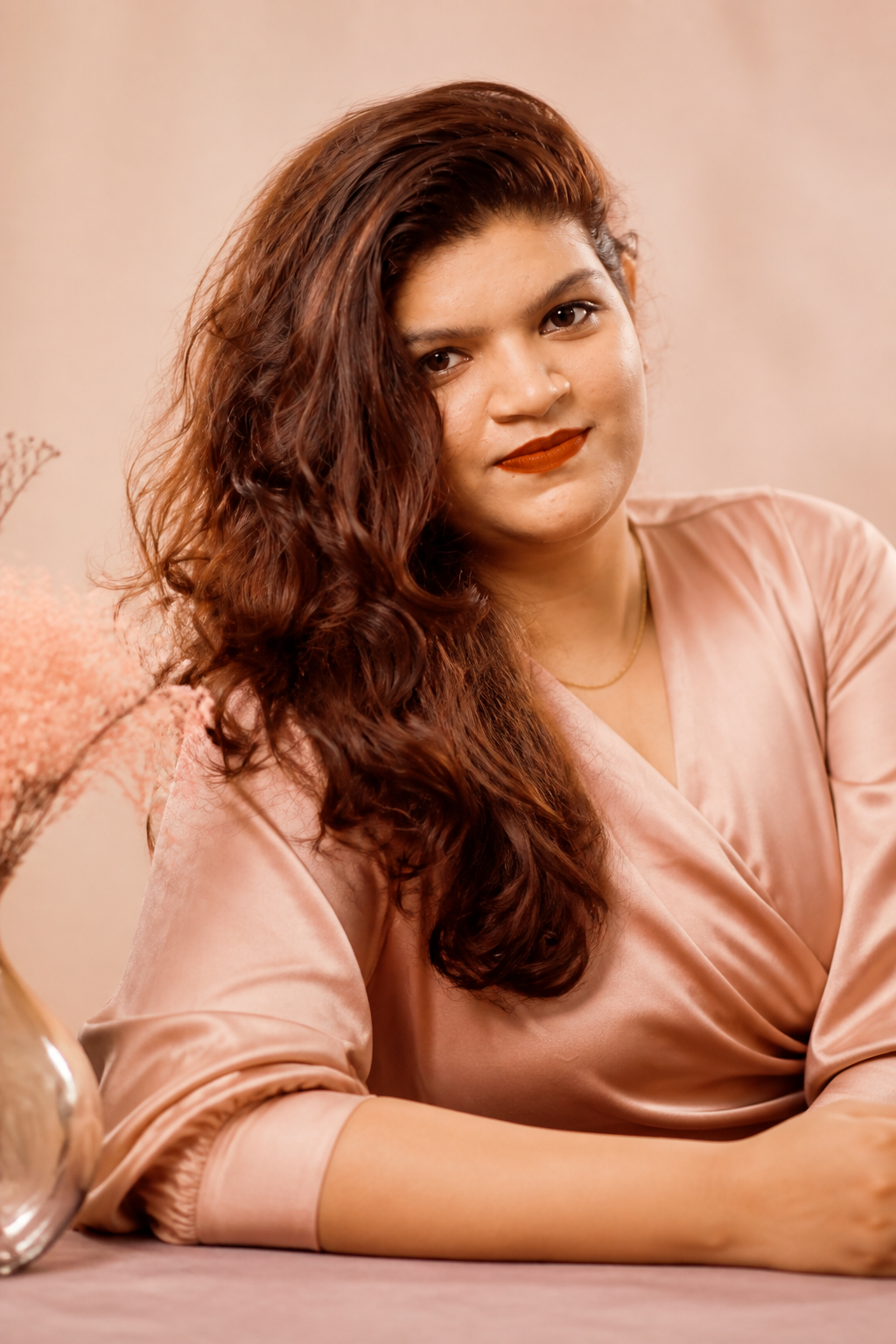 fall hair colors for plus size women: copper spice red in an original editorial composition