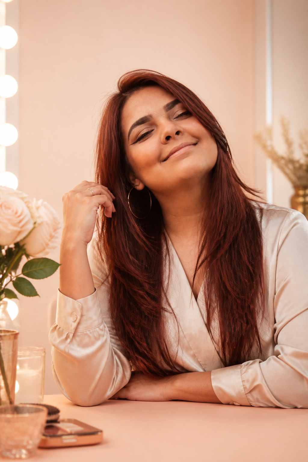 fall hair colors for plus size women: golden auburn in an original editorial composition