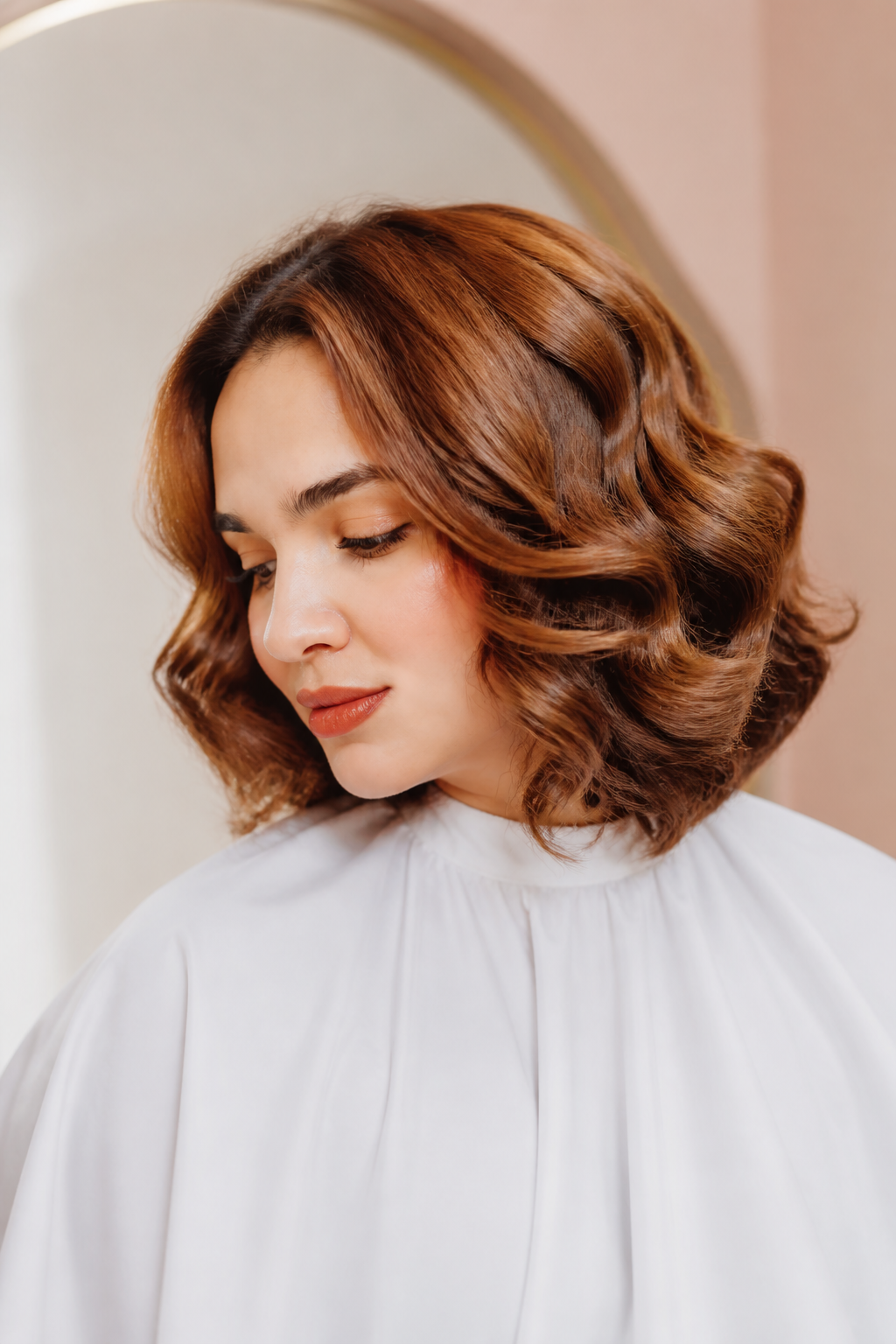 fall hair colors for plus size women: caramel balayage in an original editorial composition