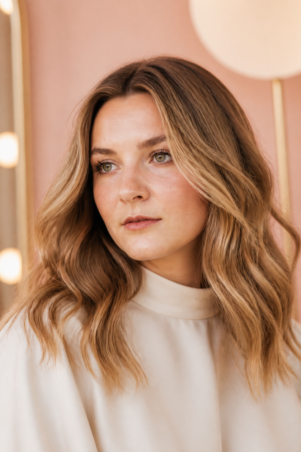 fall hair colors for plus size women: toasted honey blonde in an original editorial composition