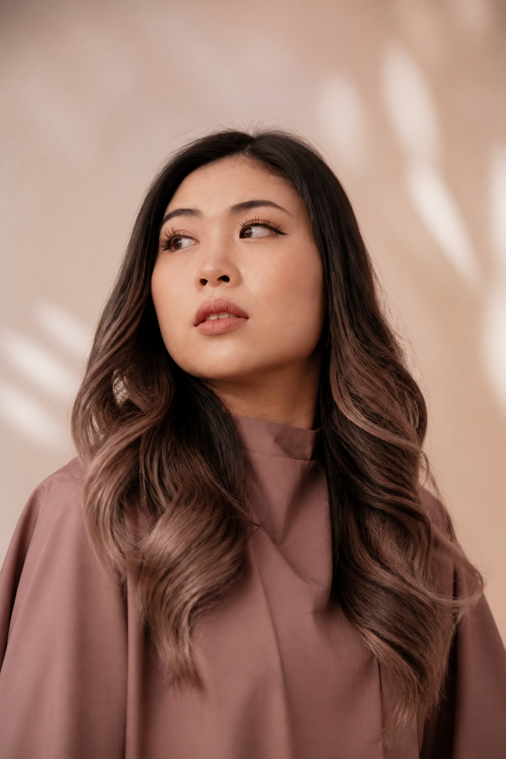 fall hair colors for plus size women: mocha mousse brunette in an original editorial composition