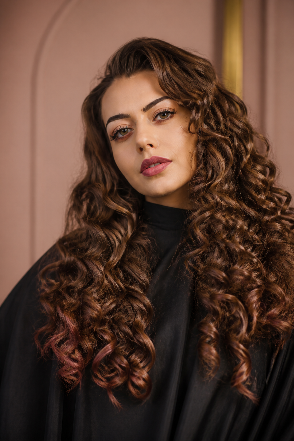 fall hair colors for plus size women: chestnut with amber pieces in an original editorial composition