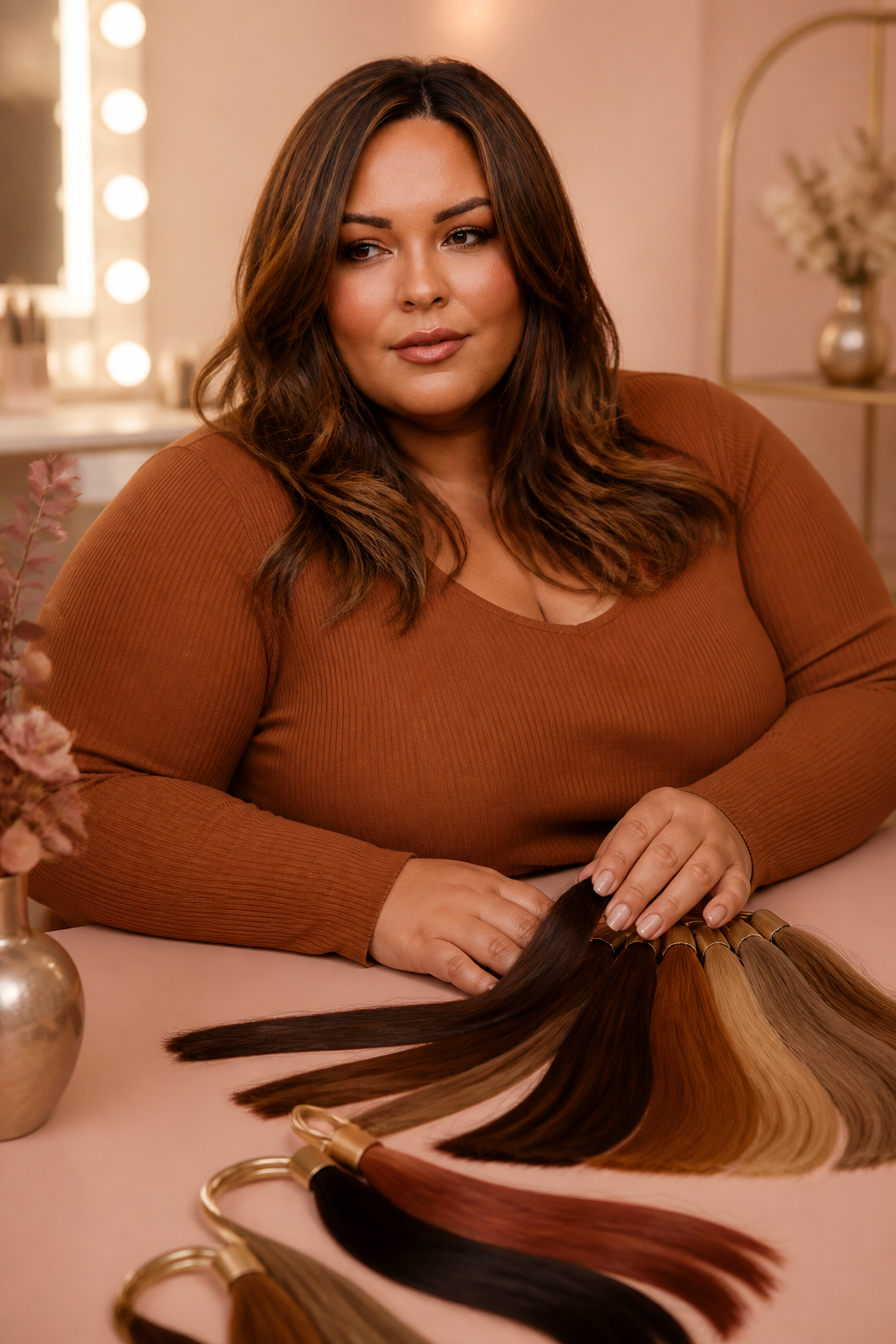 fall hair colors for plus size women in an original editorial composition