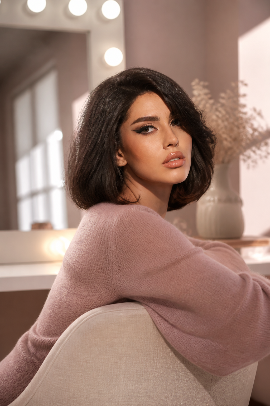 fall old money bob hairstyles: rich chocolate bob in an original editorial composition