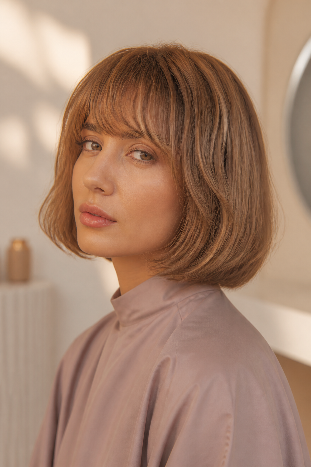 fall old money bob hairstyles: honey blonde bob in an original editorial composition