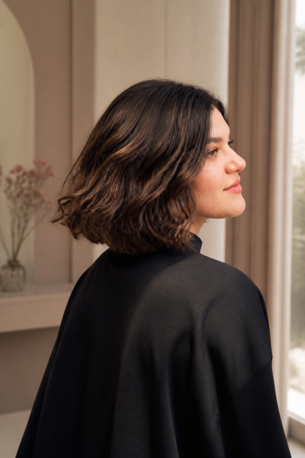 fall old money bob hairstyles: chestnut brunette blowout in an original editorial composition