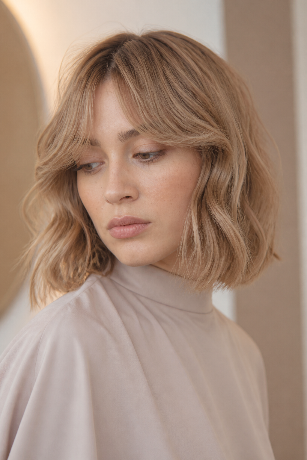 fall old money bob hairstyles: curtain-bang bob in an original editorial composition