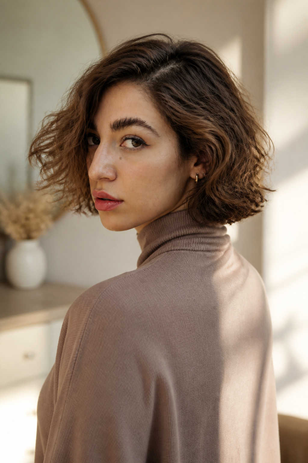 fall old money bob hairstyles: caramel brunette bob in an original editorial composition