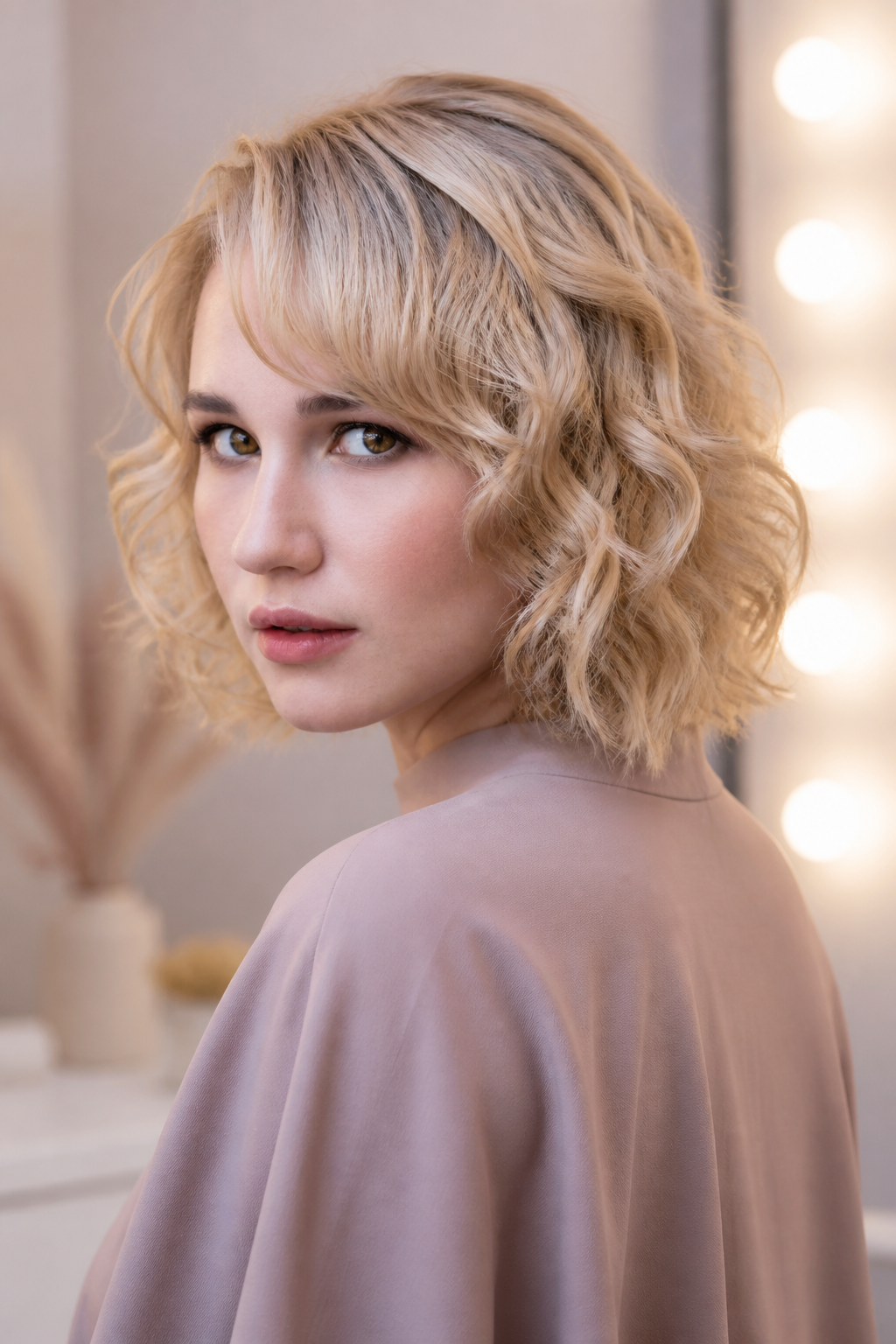 fall old money bob hairstyles: softly flipped bob in an original editorial composition