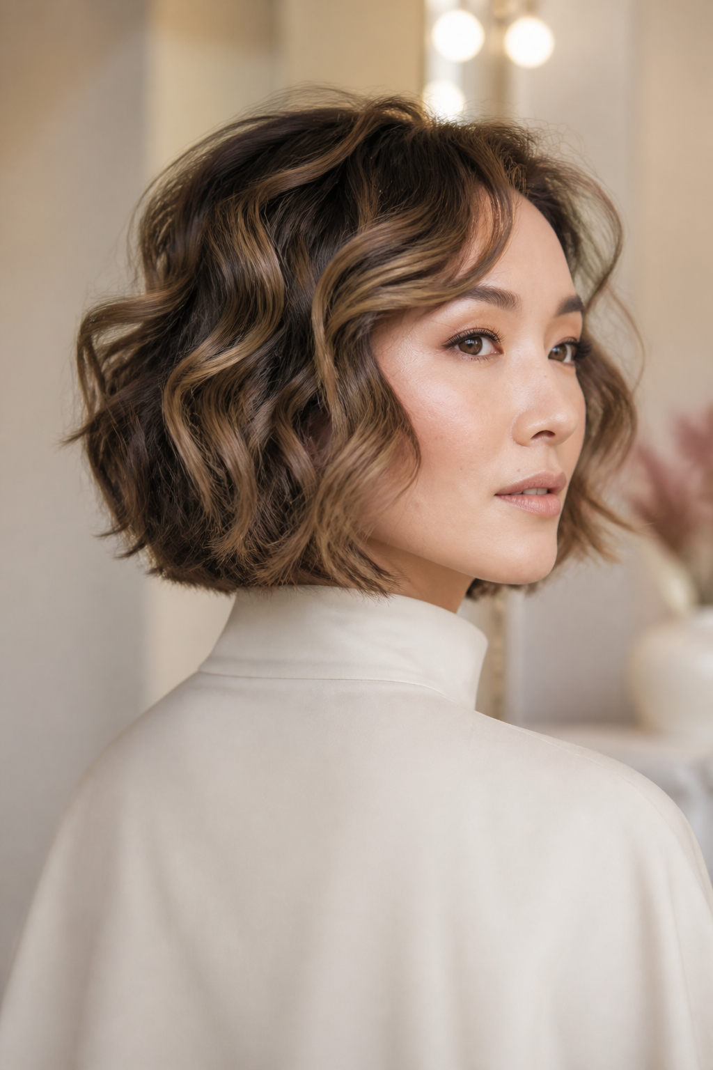 fall old money bob hairstyles: warm bronde bob in an original editorial composition