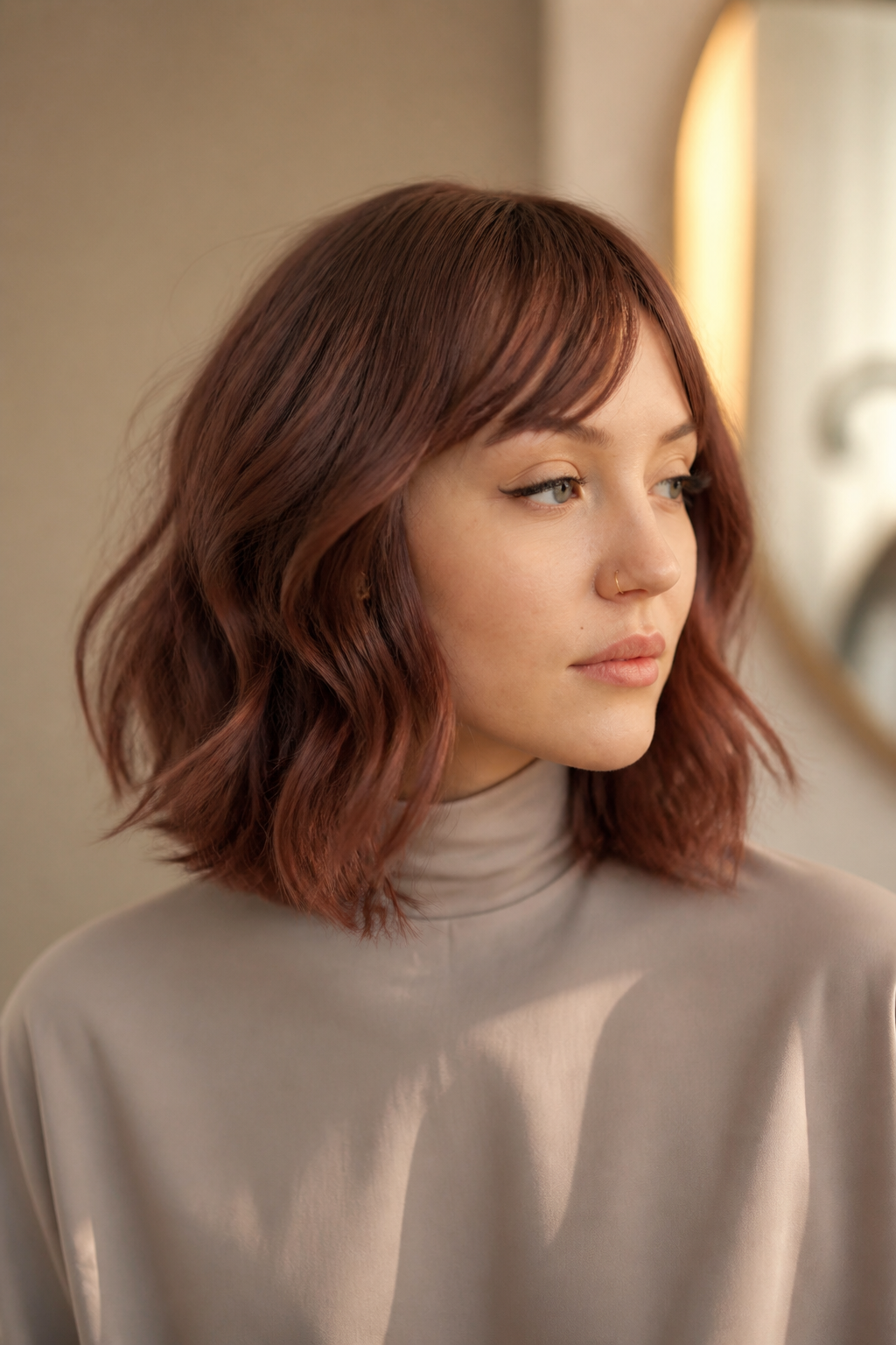 fall old money bob hairstyles: voluminous wavy bob in an original editorial composition