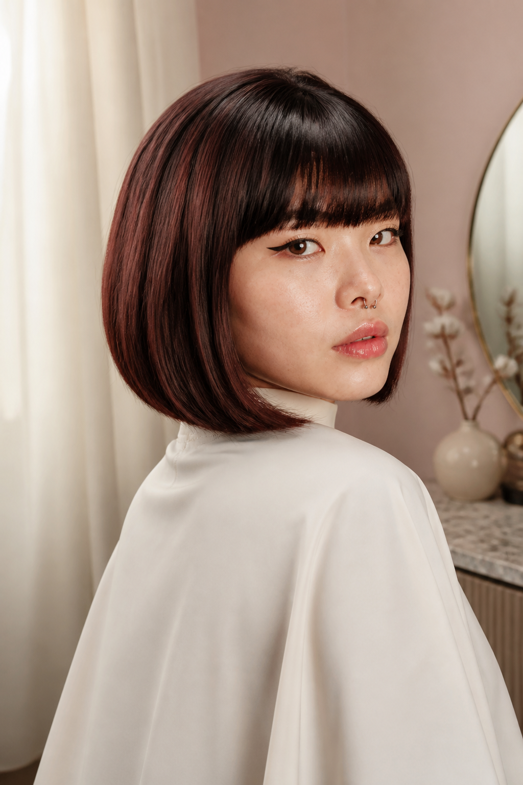 fall old money bob hairstyles: burgundy-brown bob in an original editorial composition