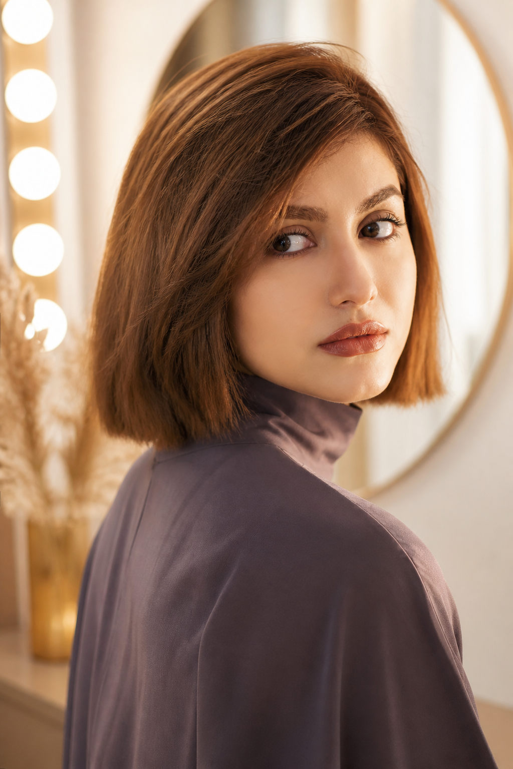 fall old money bob hairstyles: mushroom brunette bob in an original editorial composition