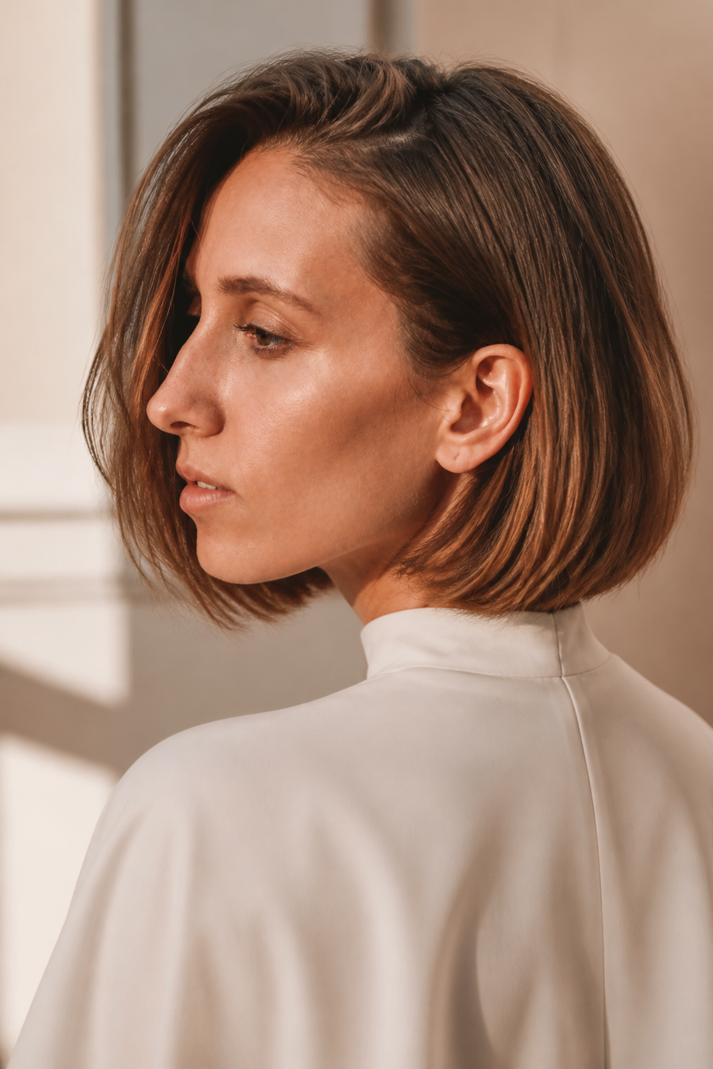 fall old money bob hairstyles: cinnamon brunette bob in an original editorial composition