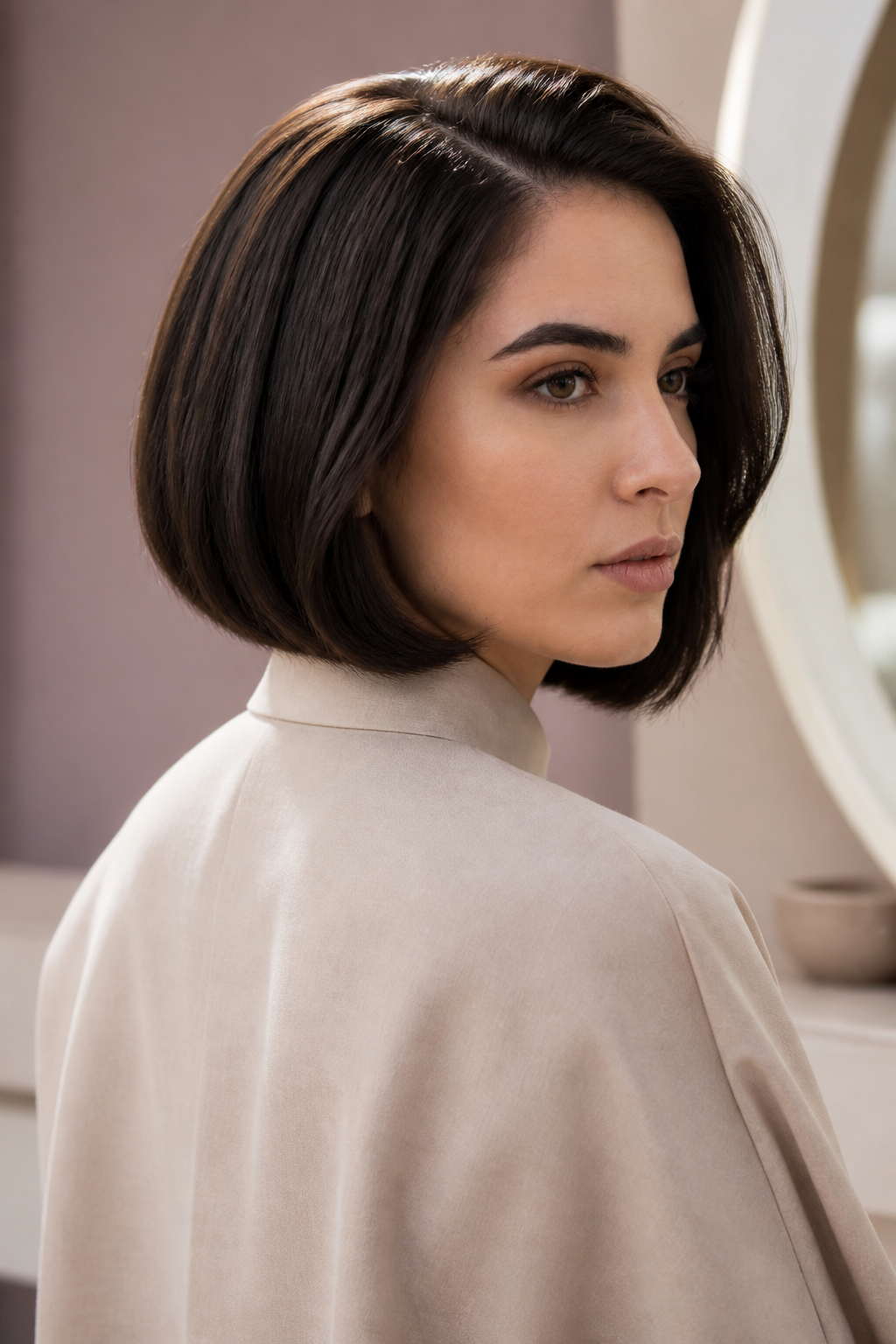 fall old money bob hairstyles: classic glossy bob in an original editorial composition