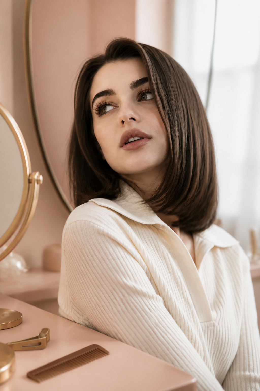 old money brunette bob hairstyles: espresso deep side part in an original editorial composition