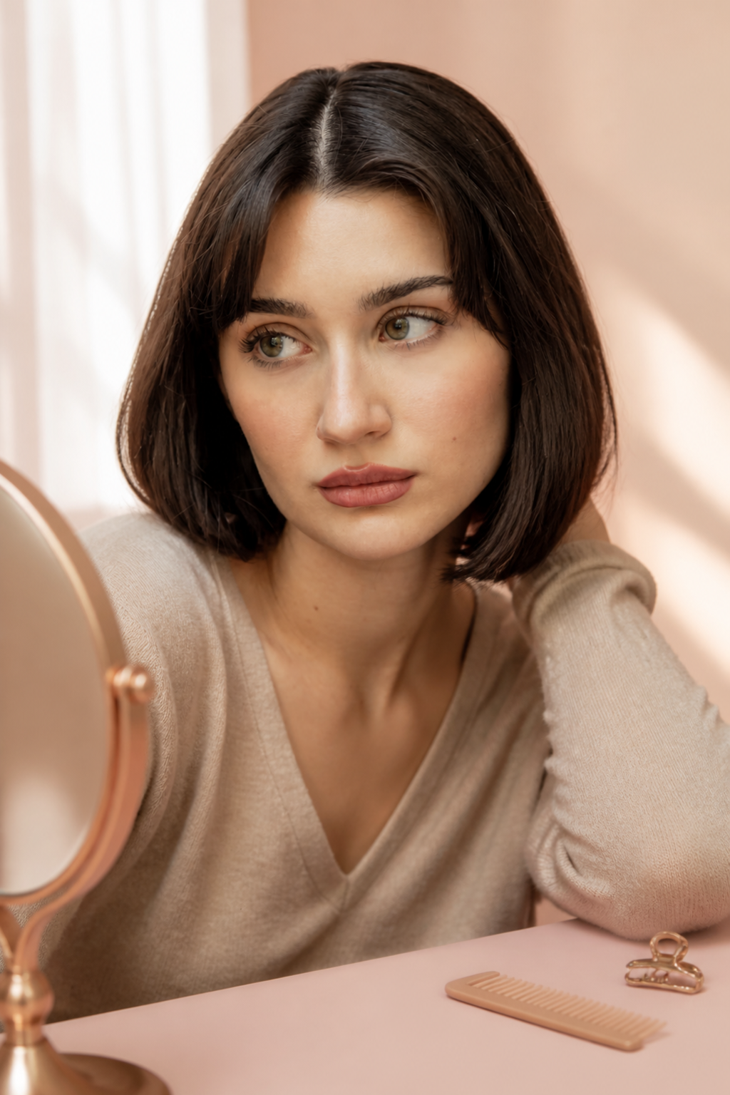 old money brunette bob hairstyles: rounded brunette silhouette in an original editorial composition