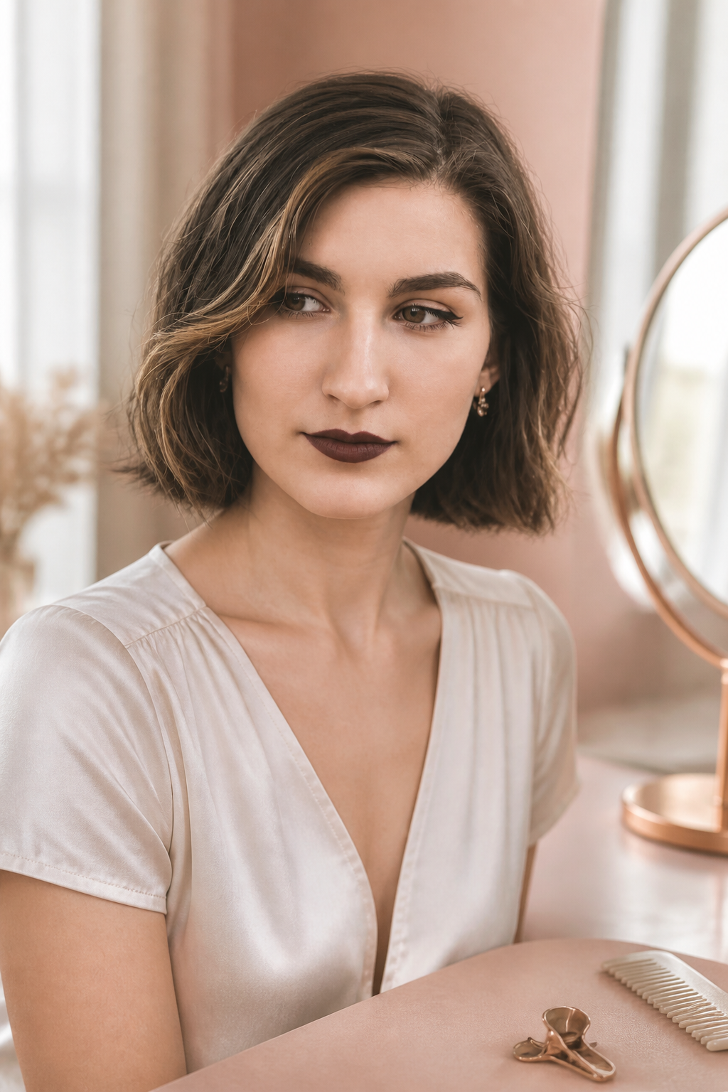 old money brunette bob hairstyles: brunette with fine highlights in an original editorial composition