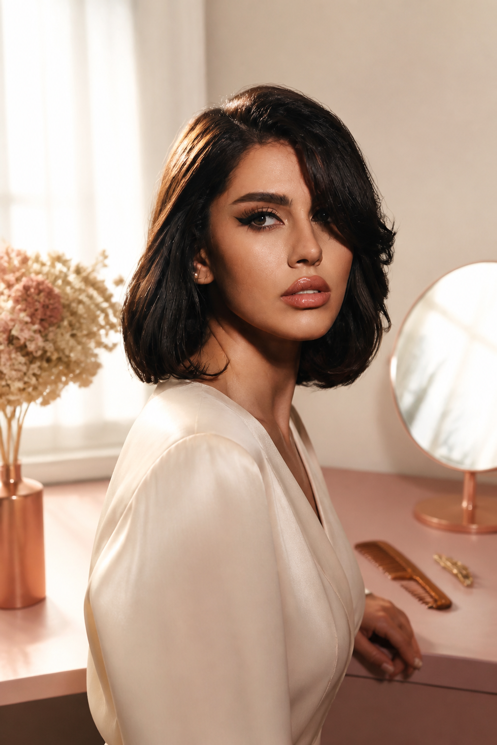 old money brunette bob hairstyles: curtain-bang bob in an original editorial composition