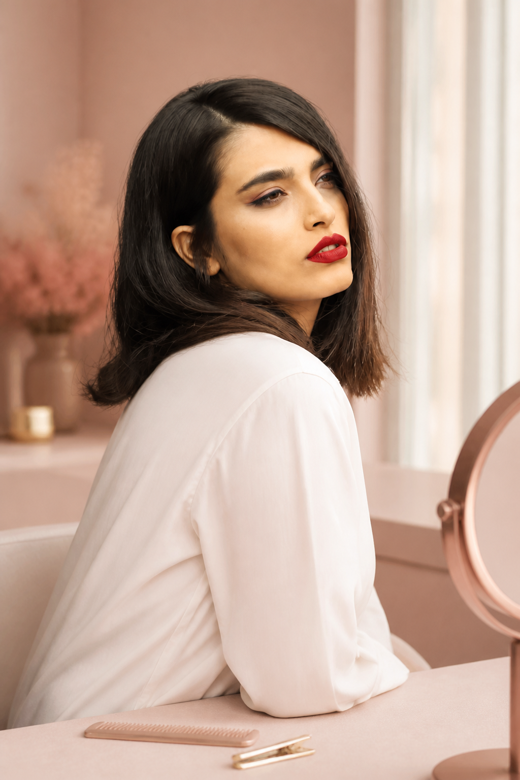 old money brunette bob hairstyles: side-swept brunette bob in an original editorial composition