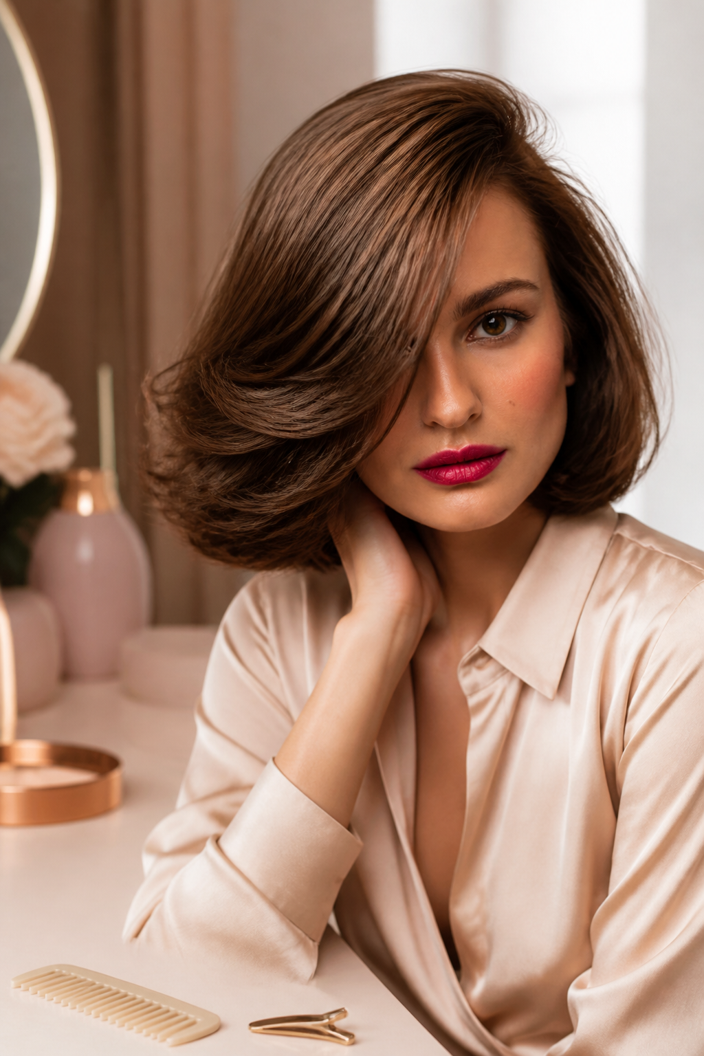 old money brunette bob hairstyles: softly flipped ends in an original editorial composition