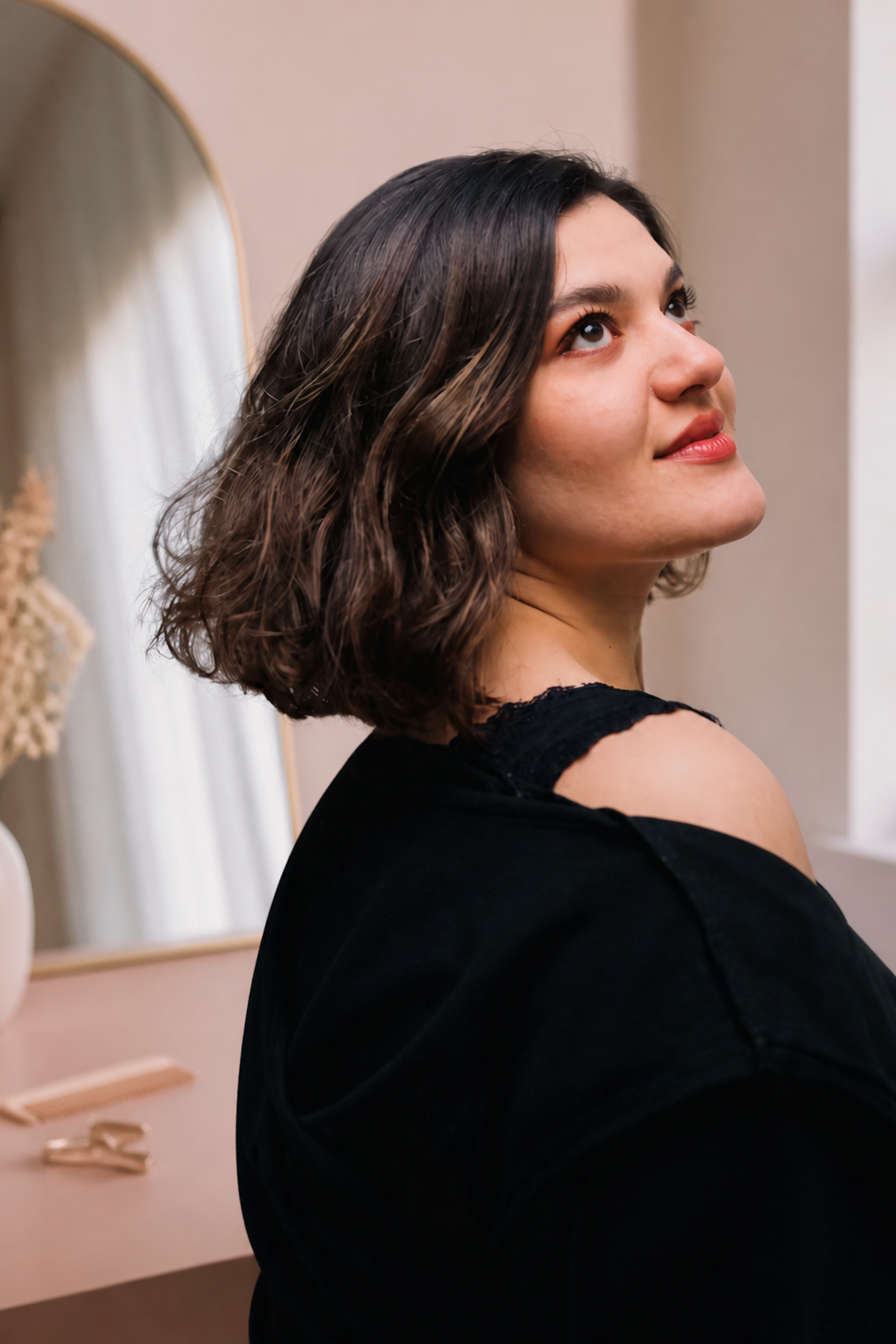 old money brunette bob hairstyles: lightly layered brunette in an original editorial composition