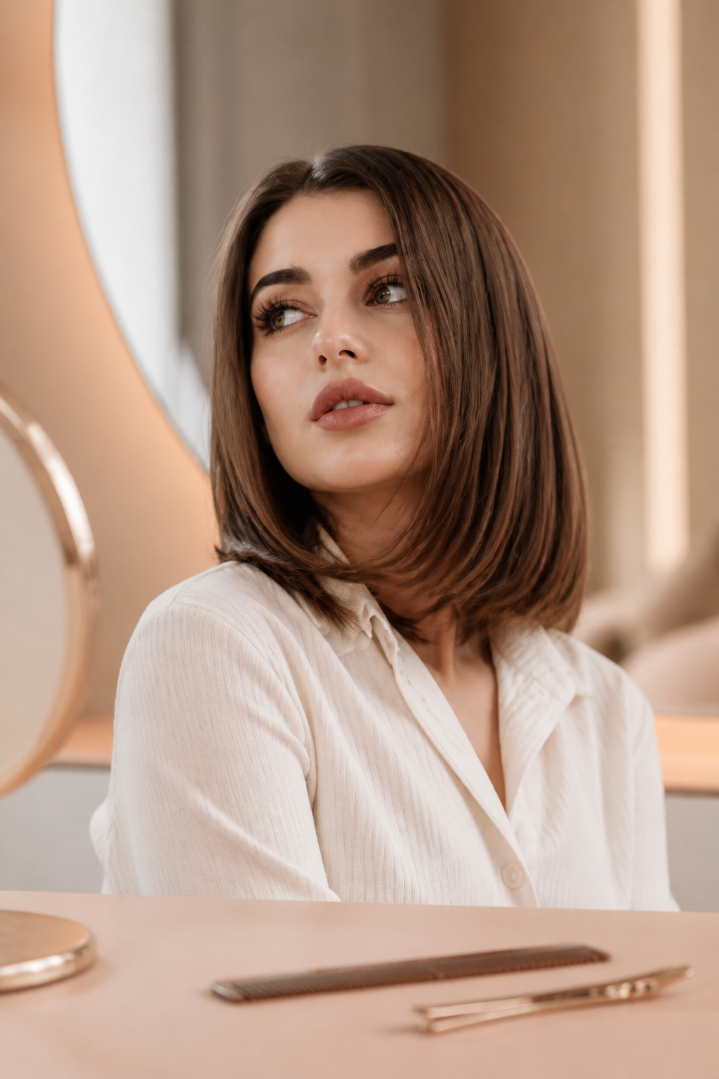 old money brunette bob hairstyles: mocha tonal bob in an original editorial composition