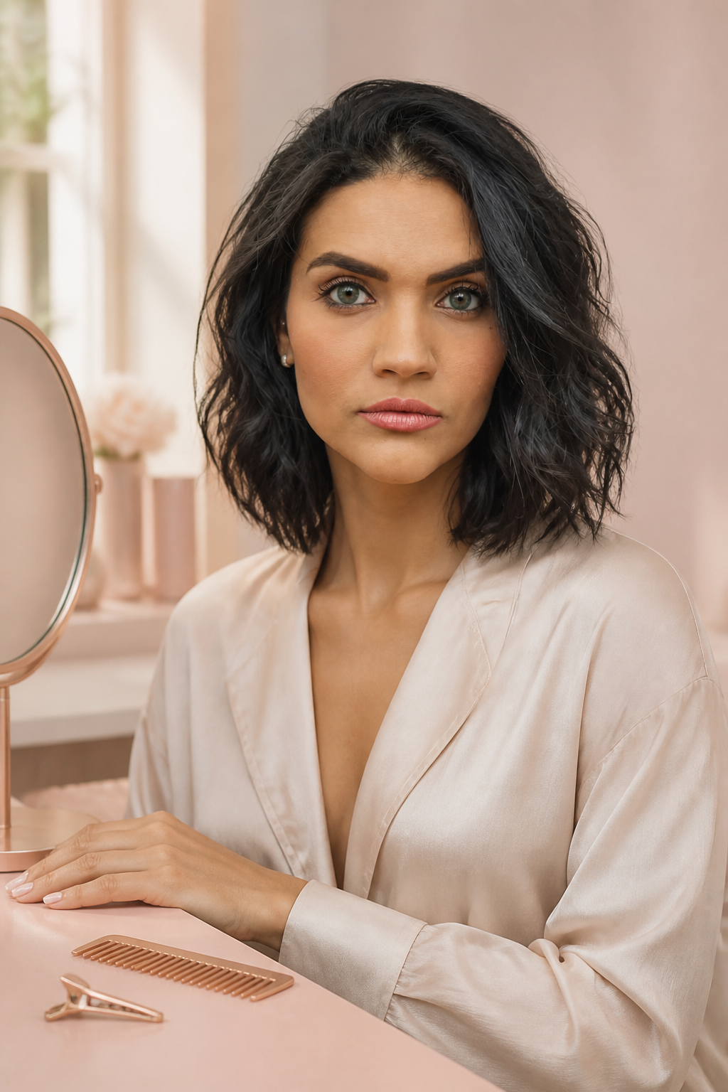 old money brunette bob hairstyles: long brunette bob in an original editorial composition