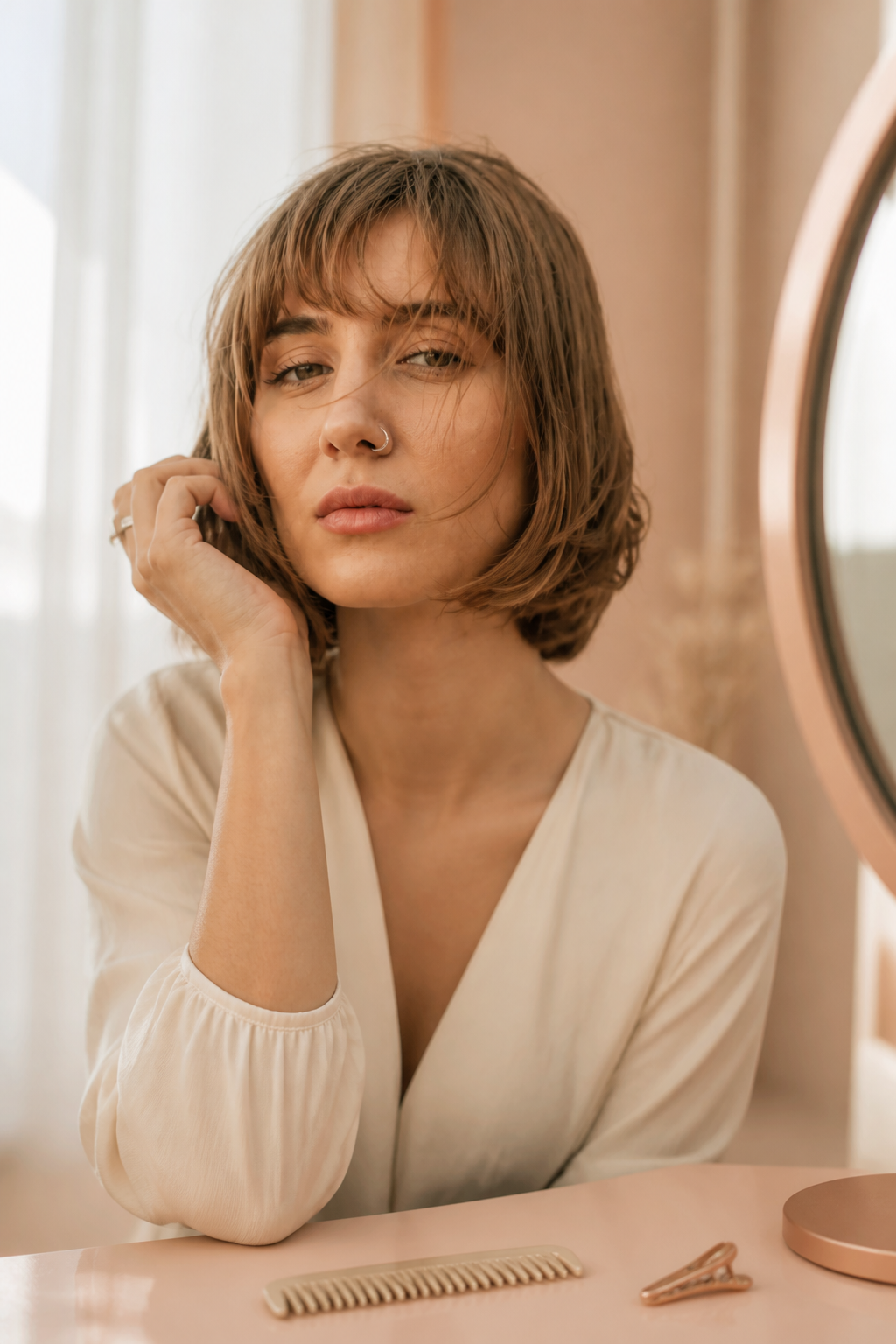 old money brunette bob hairstyles: barely-there caramel dimension in an original editorial composition