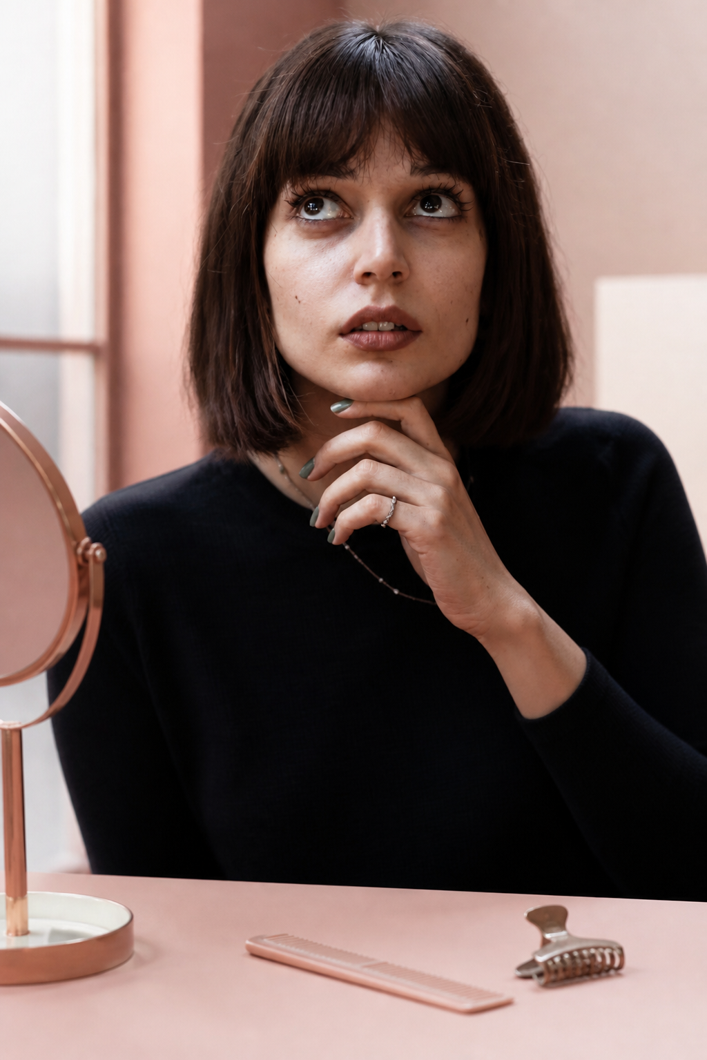 old money brunette bob hairstyles: classic dark brunette in an original editorial composition