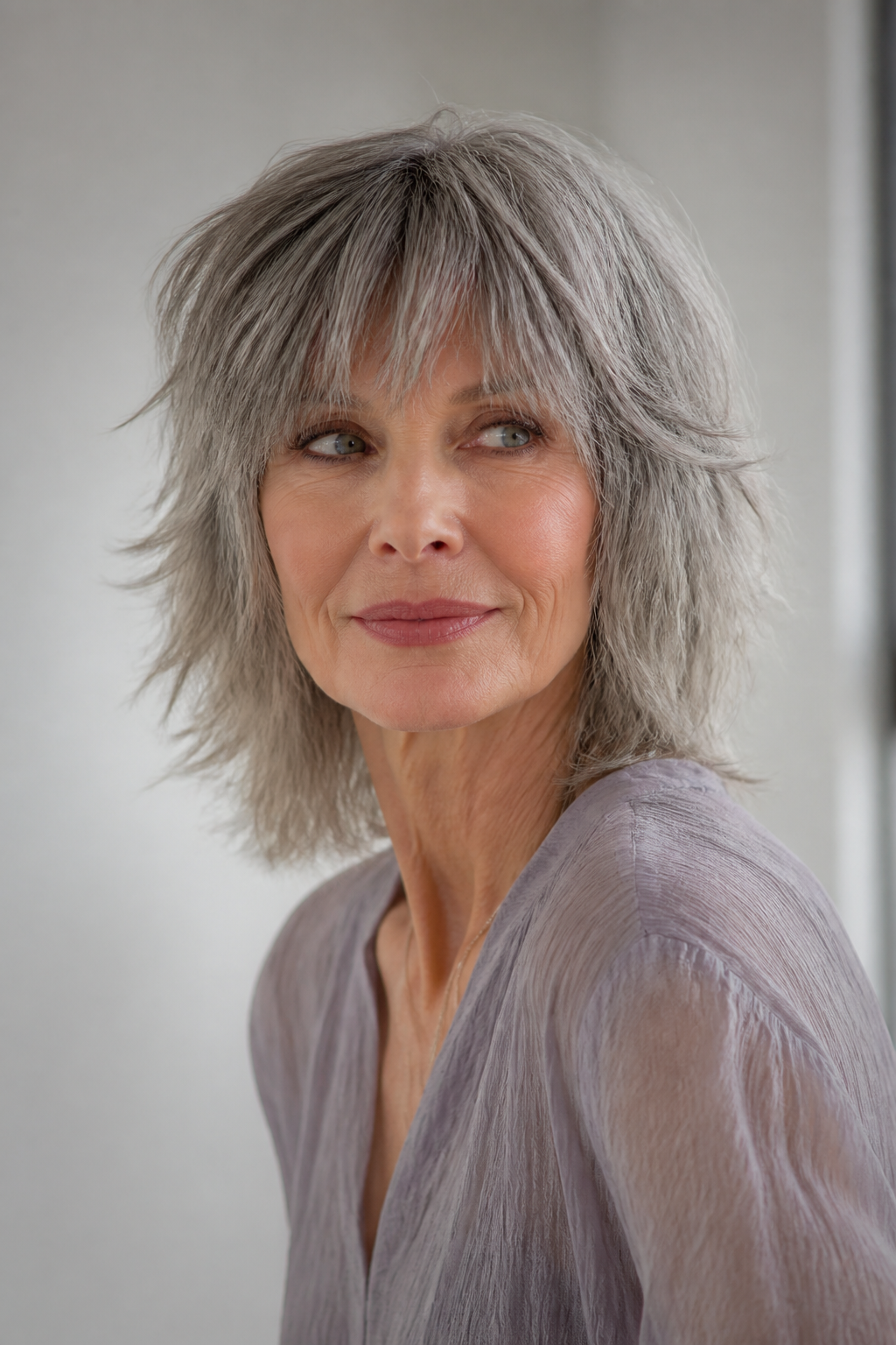 medium gray shag hair ideas: classic razored gray shag in an original editorial composition