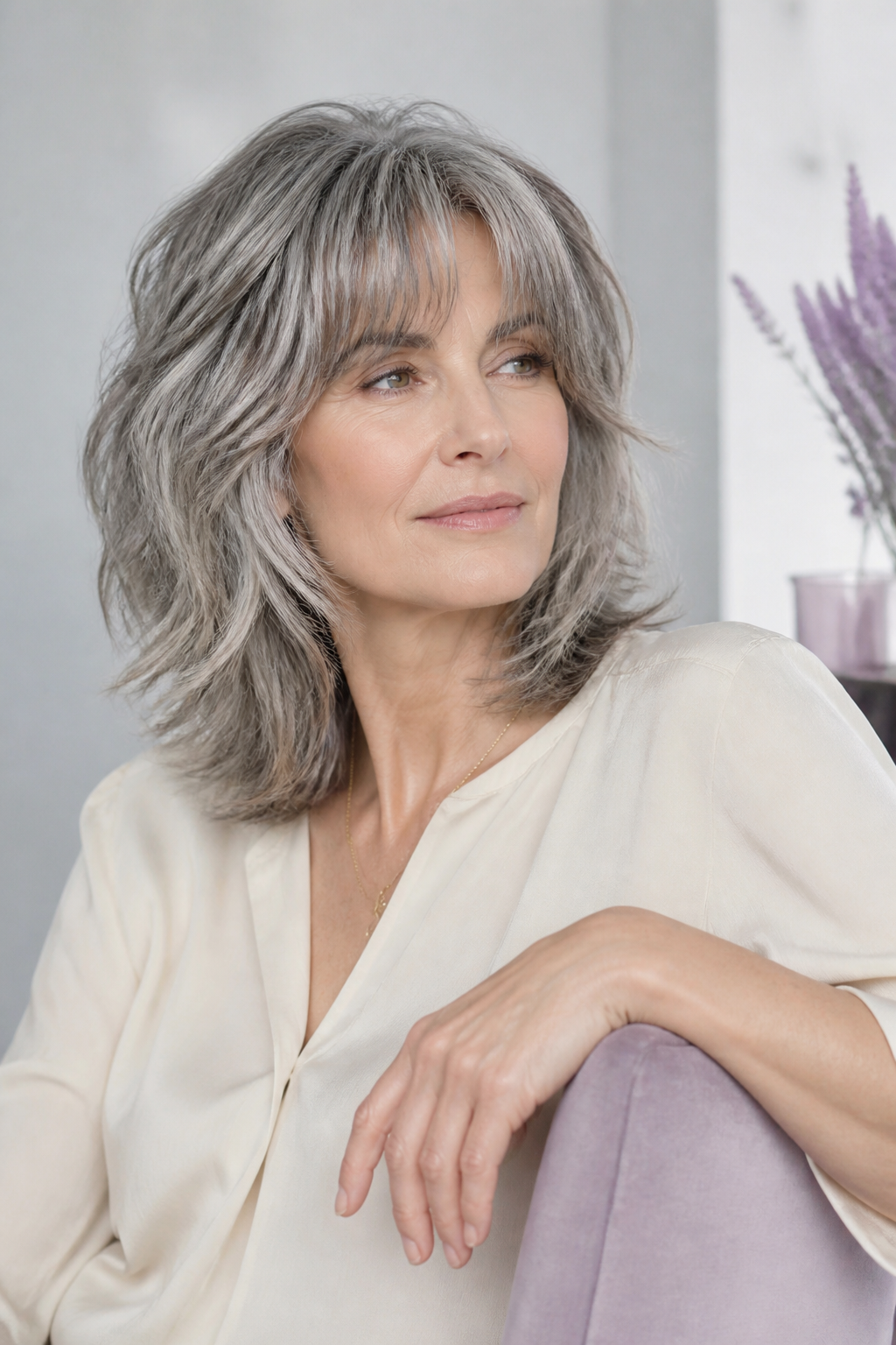 medium gray shag hair ideas: soft editorial gray shag in an original editorial composition