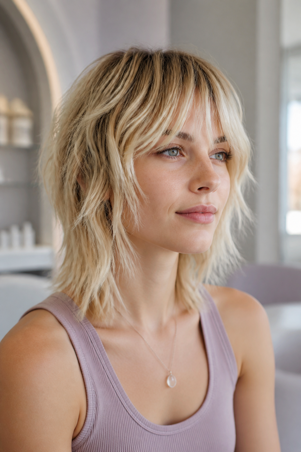 medium gray shag hair ideas: choppy face-framing shag for fine hair in an original editorial composition