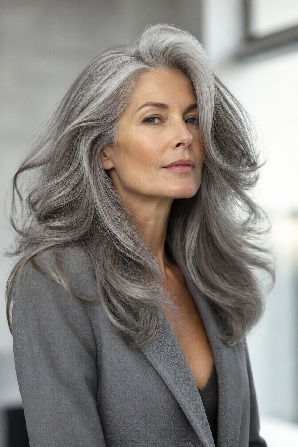 medium gray shag hair ideas: big blowout volume in an original editorial composition