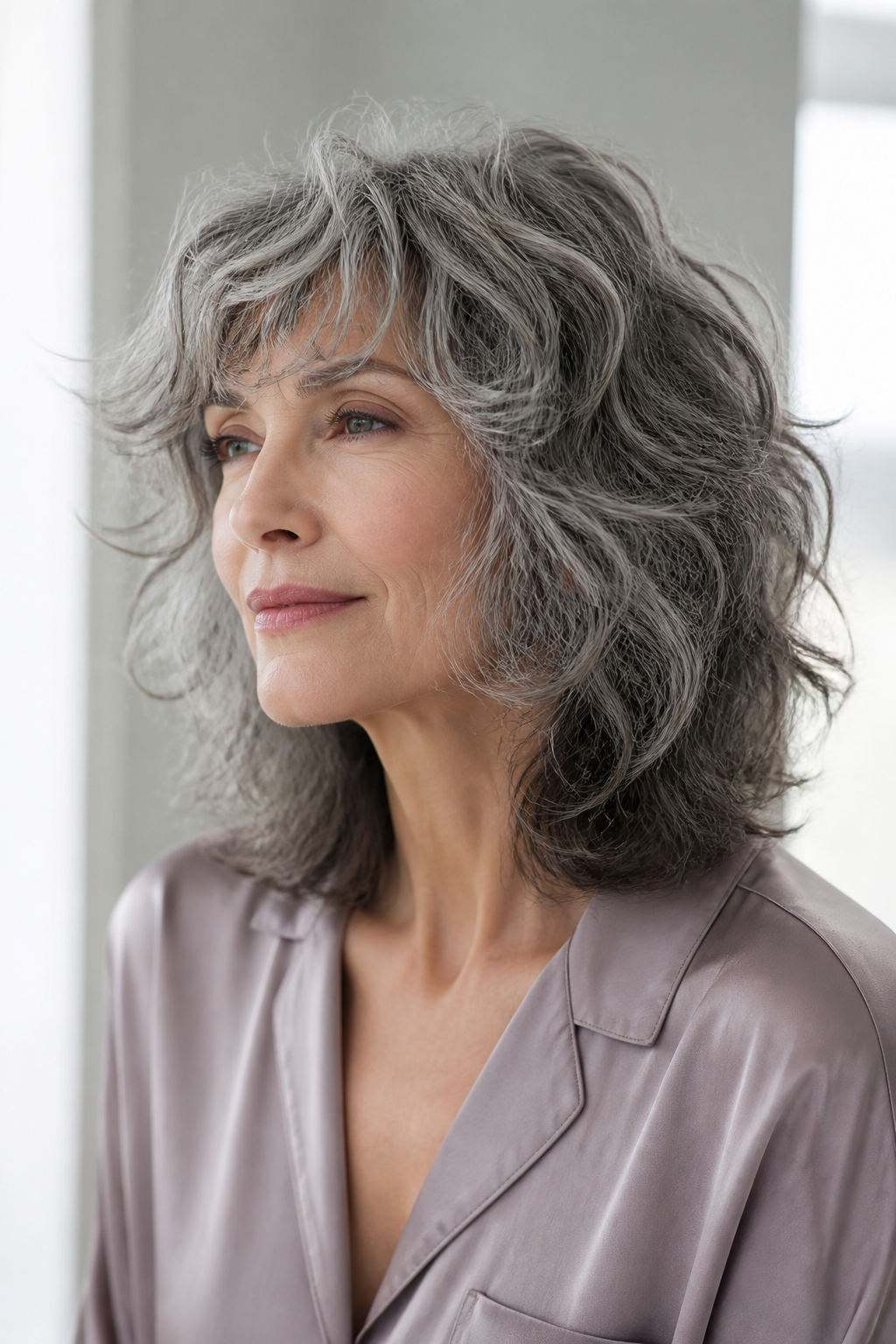 medium gray shag hair ideas: curly editorial gray shag in an original editorial composition