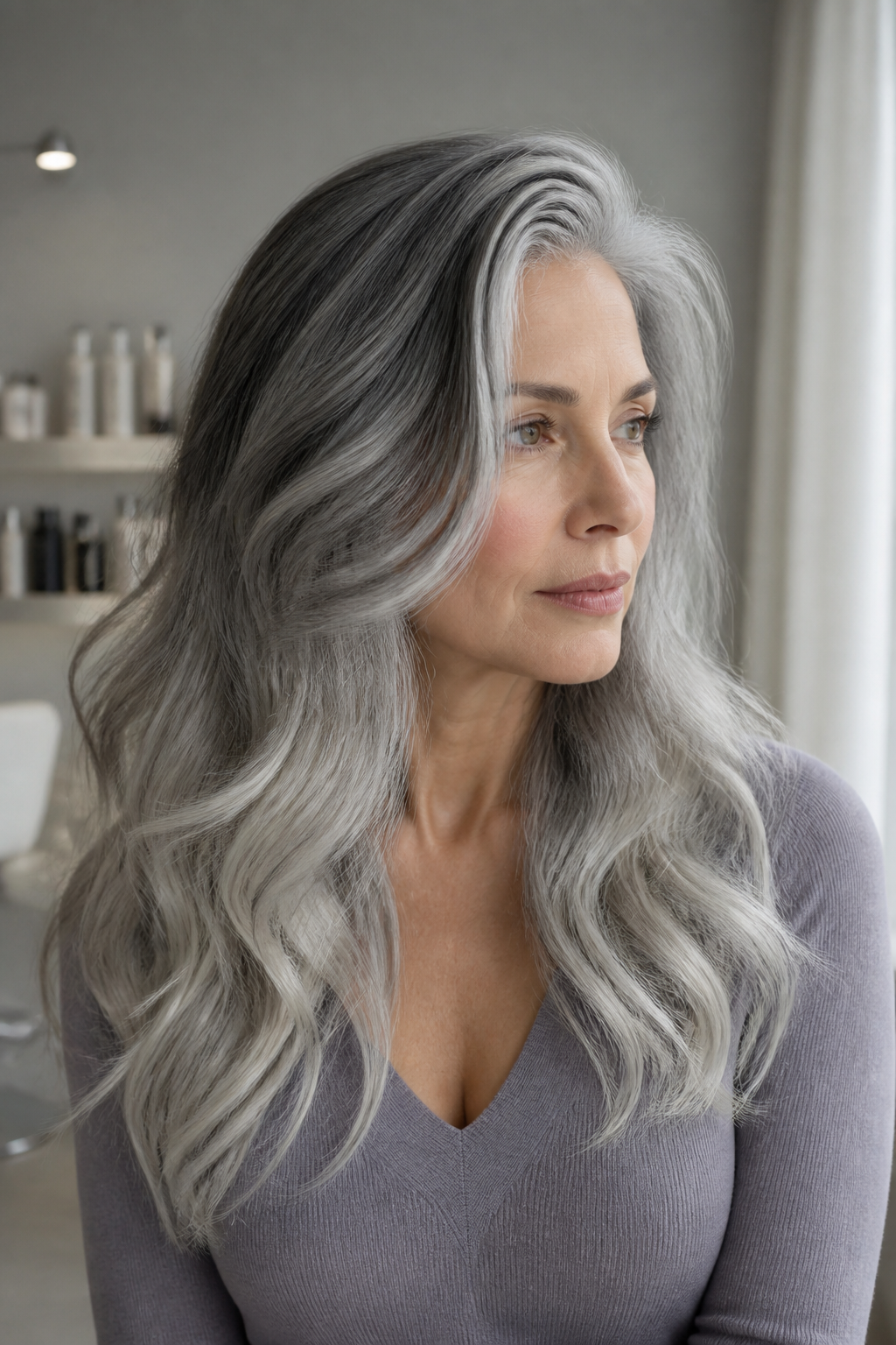 medium gray shag hair ideas: charcoal-to-silver gradient in an original editorial composition