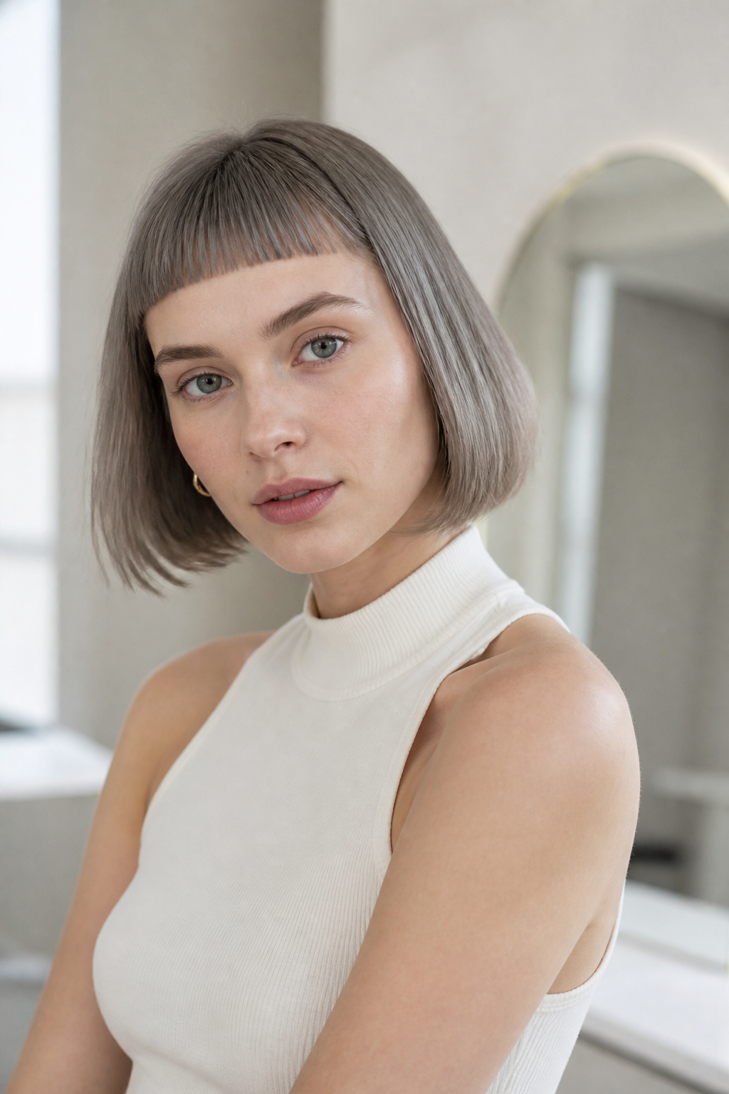 medium gray shag hair ideas: blunt micro-fringe in an original editorial composition