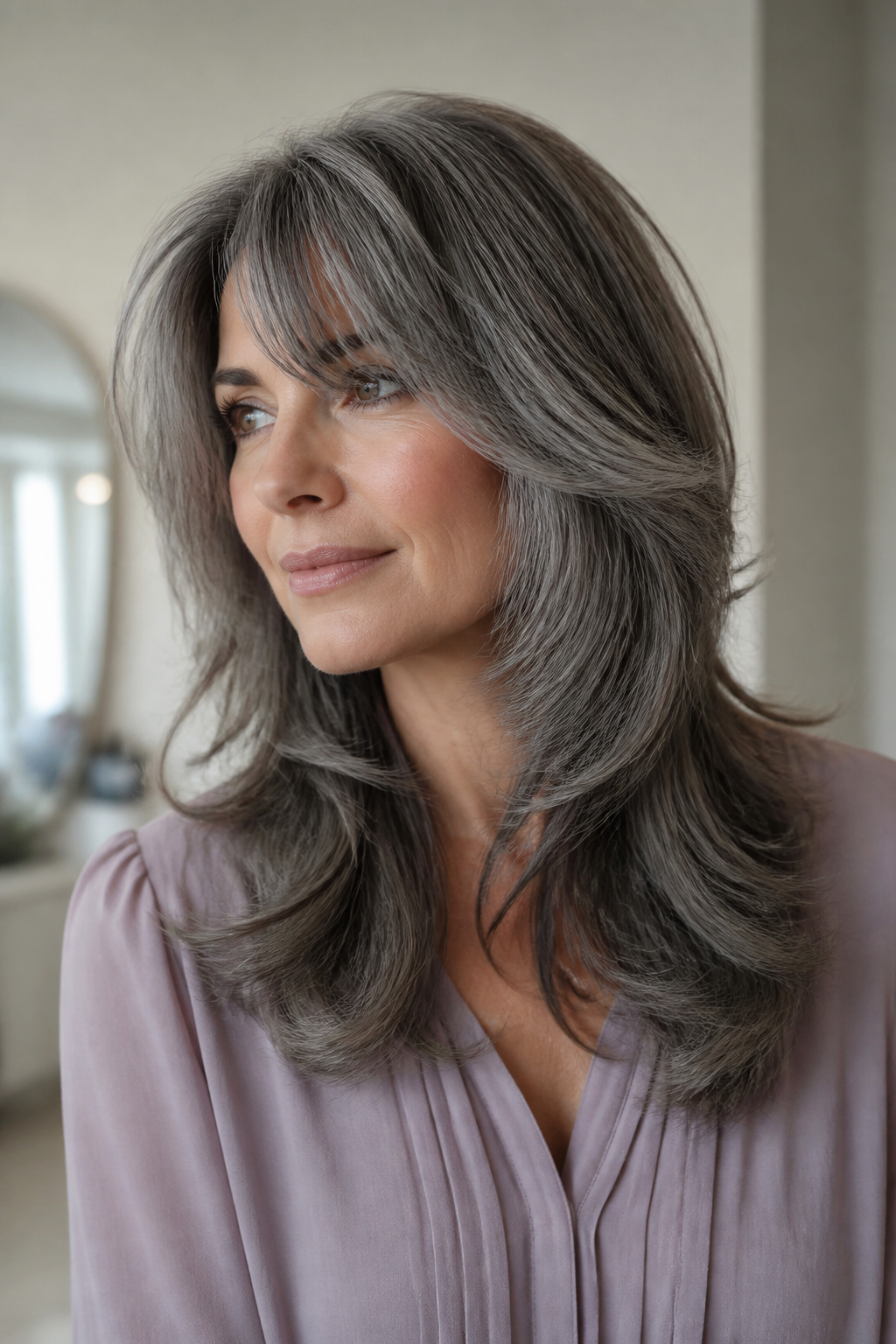 medium gray shag hair ideas: piecey layers for thick hair in an original editorial composition