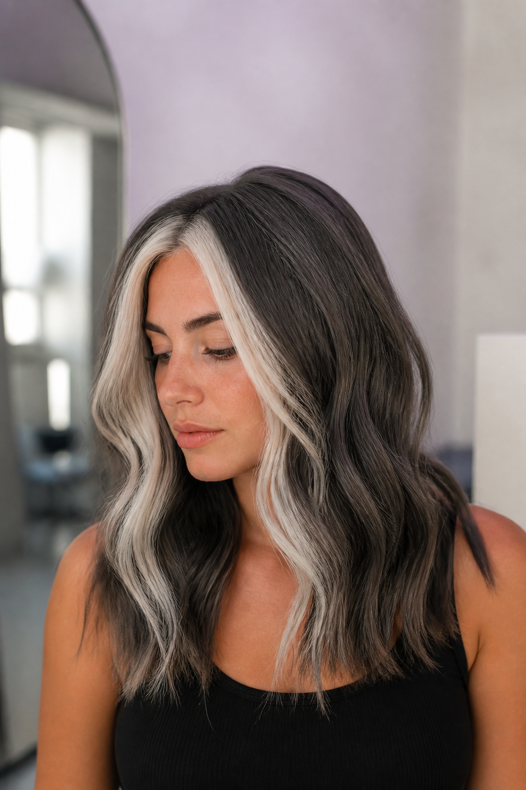 medium gray shag hair ideas: bright white money piece in an original editorial composition