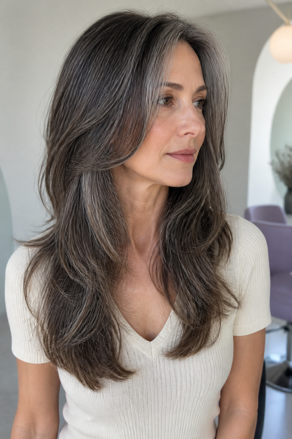 medium gray shag hair ideas: lived-in internal layers in an original editorial composition