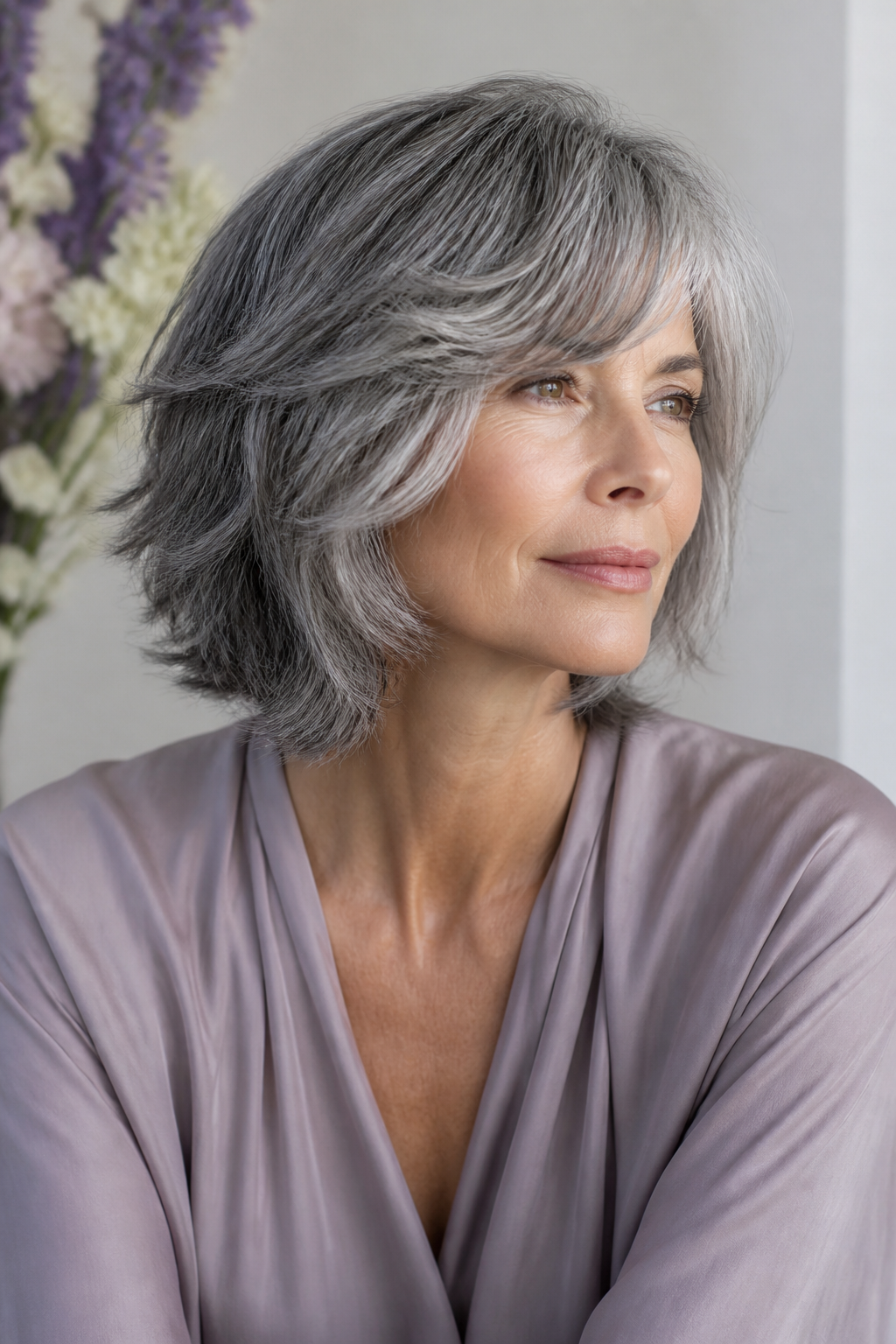 medium gray shag hair ideas: gray shag lob with side-swept bangs in an original editorial composition