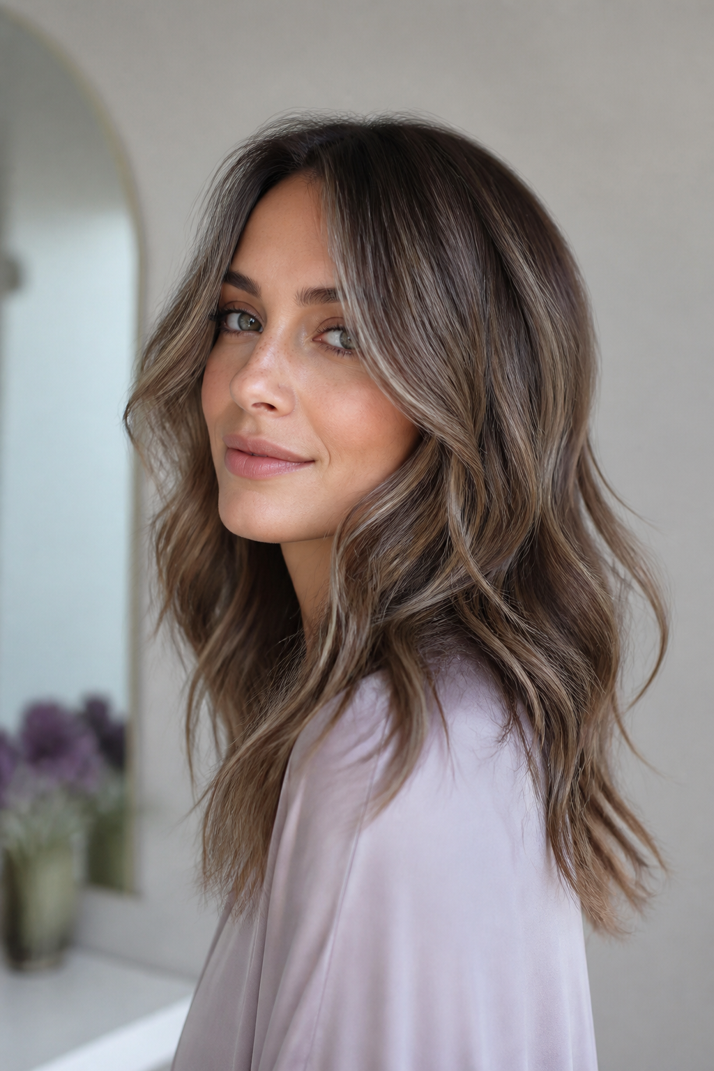 medium gray shag hair ideas: textured ends for wavy hair in an original editorial composition