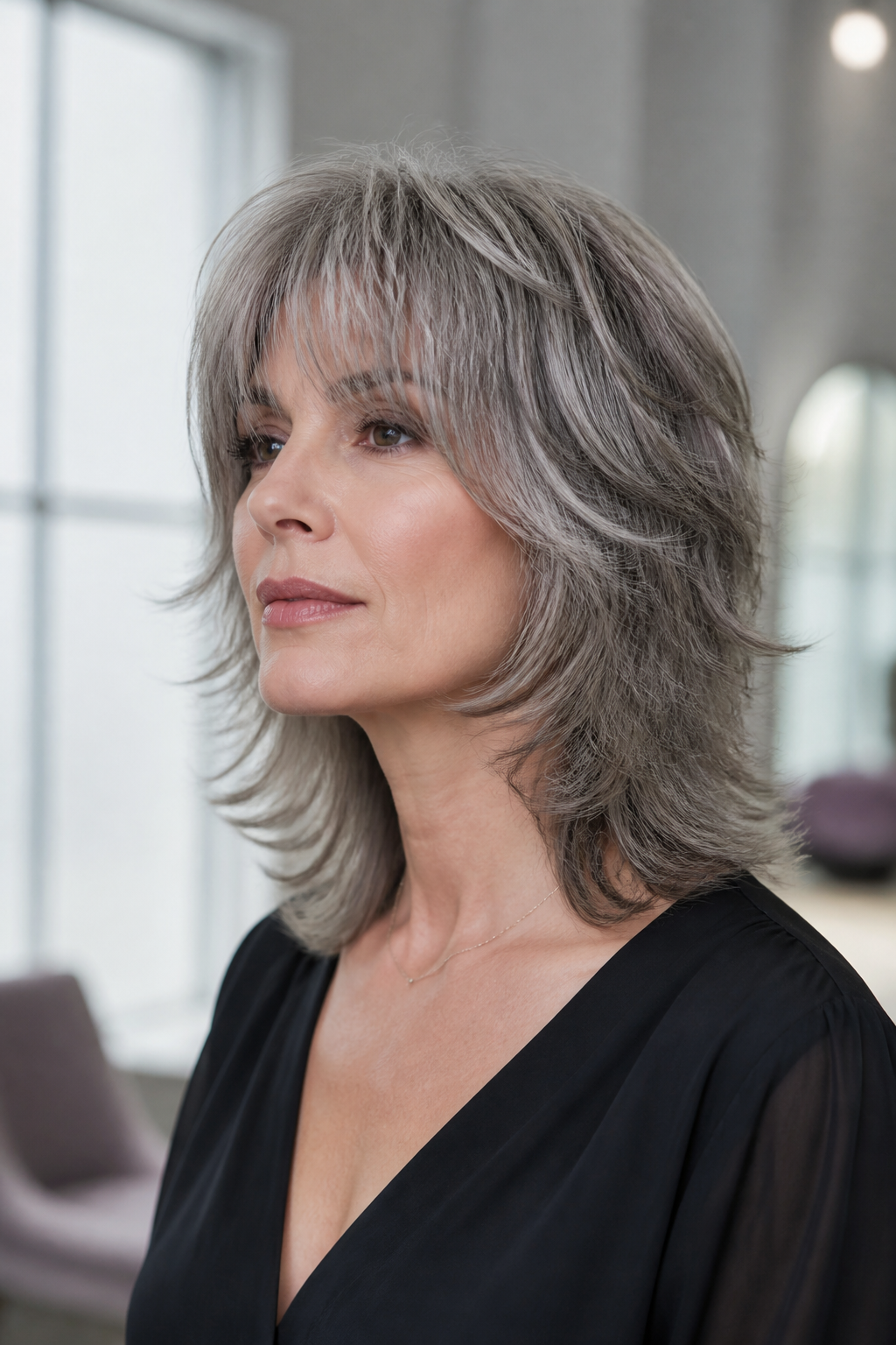 medium gray shag hair ideas: feathered vintage shag in an original editorial composition